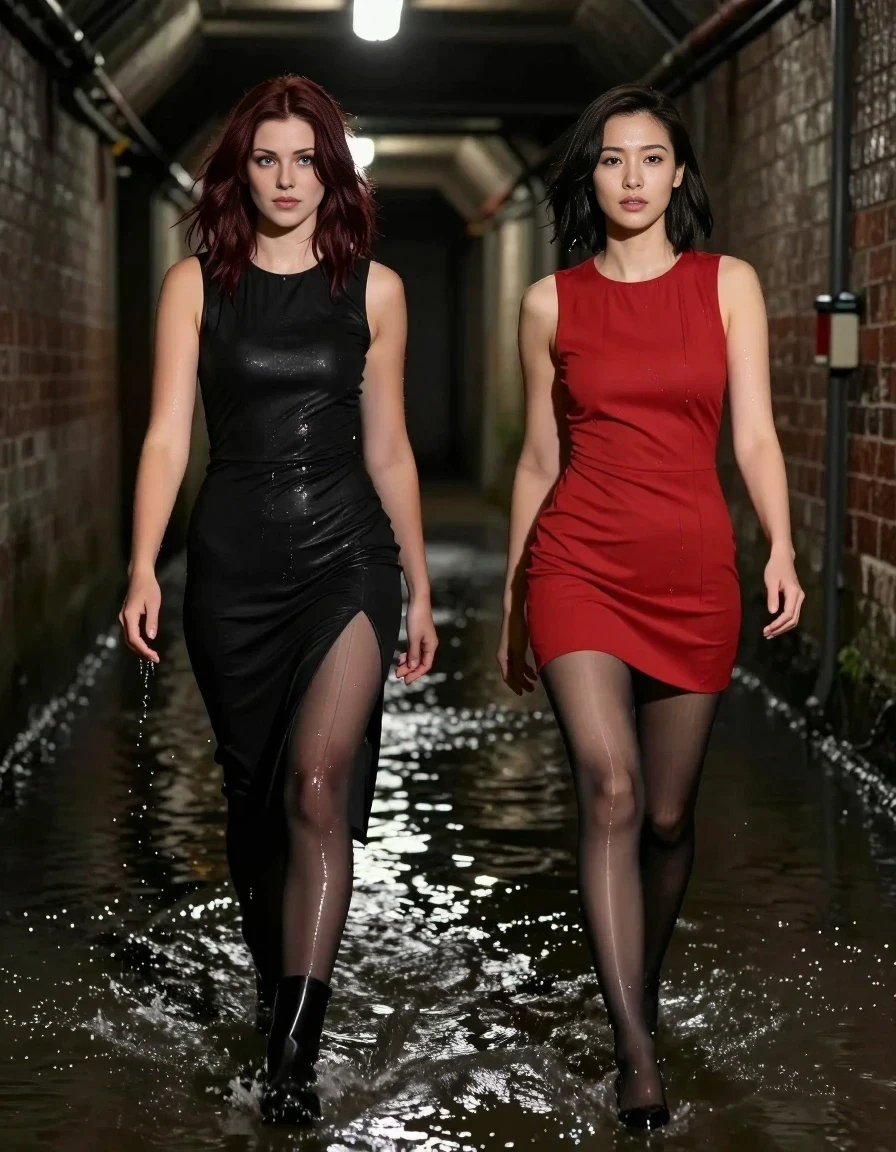 A realistic full-body fashion photograph of two women wading through knee-deep water in a dark, wet, industrial canalization tunnel. On the left, a 25-year-old woman with shoulder-length dark auburn hair is wearing a black high-slit midi dress, dark see-through pantyhose, and black boots. On the right, a beautiful Asian woman with short dark hair is wearing a red mini-dress, light black sheer pantyhose, and black high heels. Both women look determined and focused, their clothing visibly damp and glistening from the dripping water. The setting is a dimly lit, atmospheric tunnel with brick walls, reflections on the water's surface, and cinematic lighting. High resolution.