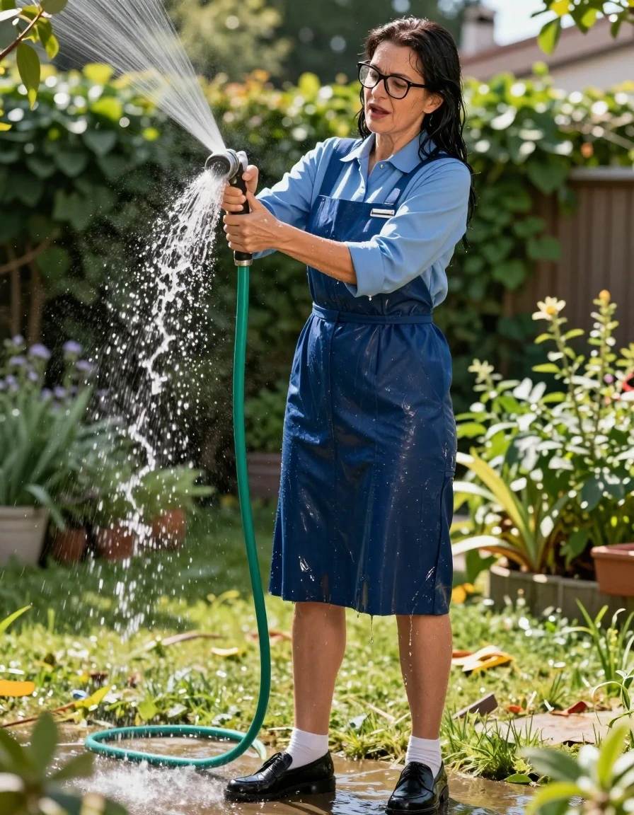 photo of young woman, in soaking wet, drenched clothes,
black shoes, white socks, midi blue School pinafore to wear over a blue long-sleeved shirt, midi blue School pinafore to wear over a blue long-sleeved shirt, pouring water with the hose in sunny garden, enjoying wet clothes stuck body, enjoying, wet clothes stuck to body, 
enjoying, wet clothes stuck to body,
detailed textures of the wet clothes, wet face, wet plastered hair,
wet, drenched, professional, high-quality details, full body view.
sharp focus, ultra-high pixel detail, realistic, high-quality, full colors, incredibly detailed, 4k, 8k, 16k, hyper-realistic, RAW photo, masterpiece, ultra-detailed, professionally color graded, professional photograph, europen brunette skinny woman 50 years old, long dark black hair, office glasses, very big and thick lips, complete body, wet skin, wet clothes, damp fabric, wet skin, wet clothes, damp fabric, wet skin, wet clothes, damp fabric, wet skin, wet clothes, damp fabric, wet skin, wet clothes, damp fabric, wet skin, wet clothes, damp fabric, wet skin, wet clothes, damp fabric