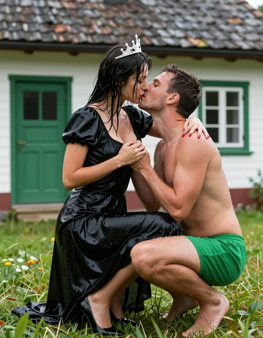photo of young woman, in soaking wet, drenched clothes,
Schwarze Pumps, Langes Schneewittchen Kleid aus Satin, Kleines gemütliches Fachwerkhaus mit einer grünen Haustüre und mit einem strohgedeckten Dach und grünen Sprossenfenster, 
enjoying, wet clothes stuck to body,
detailed textures of the wet clothes, wet face, wet plastered hair,
wet, drenched, professional, high-quality details, full body view.
sharp focus, ultra-high pixel detail, realistic, high-quality, full colors, incredibly detailed, 4k, 8k, 16k, hyper-realistic, RAW photo, masterpiece, ultra-detailed, professionally color graded, professional photograph, Fotorealistische 5K Ganzkörperaufnahme eines wunderschönen jungen Mädchen, sie sitzt mit ihrem Hintern vor einem kleinen Fachwerkhaus mit Sprossenfenster und einem strohgedeckten Dach im nassen Gras, das Mädchen hat schwarze lange Haare und einen rot geschminkten Mund, ihre Fingernägel sind rot lackiert, auf dem Kopf trägt sie eine silberne kleine Krone, sie hat kleine und zierliche Hände, sie trägt ein langes Schneewittchen Kleid aus Chiffon mit Puffärmeln, es regnet stark und ihre Kleidung ist völlig durchnässt, ihr Rock klebt ihr an den Beinen, sie sitzt auf den Schoss eines sehr  jungen Mannes mit grüner Boxershorts und nacktem Oberkörper und mit seinem Hintern im Gras, sie küssen sich gegenseitig mit ihren Zungen, wet skin, wet clothes, damp fabric, er fasst sie an ihre Brust., wet skin, wet clothes, damp fabric