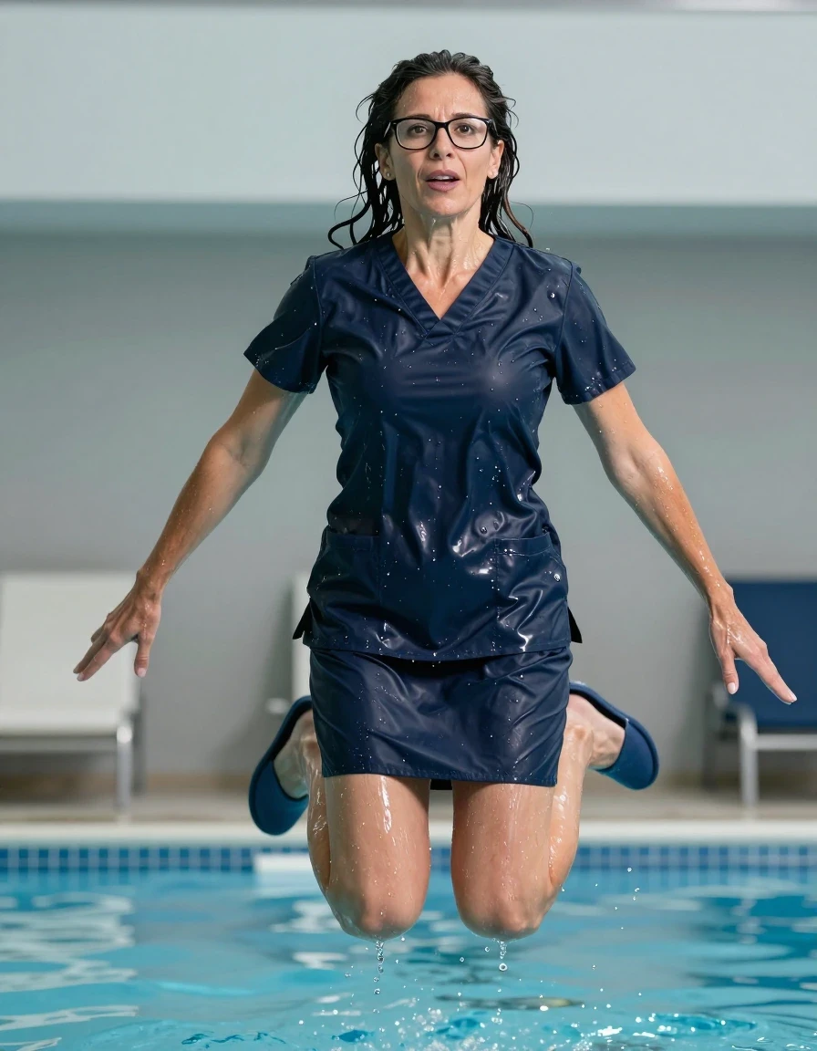photo of young woman, in soaking wet, drenched clothes,
slippers, dark blue shiny scrub skirt, dark blue shiny scrub top, jumping in pool, enjoying wet clothes stuck body, enjoying, wet clothes stuck to body, 
enjoying, wet clothes stuck to body,
detailed textures of the wet clothes, wet face, wet plastered hair,
wet, drenched, professional, high-quality details, full body view.
sharp focus, ultra-high pixel detail, realistic, high-quality, full colors, incredibly detailed, 4k, 8k, 16k, hyper-realistic, RAW photo, masterpiece, ultra-detailed, professionally color graded, professional photograph, europen brunette skinny woman 50 years old, long dark black hair, office glasses, very big and thick lips, complete body, wet skin, wet clothes, damp fabric, wet skin, wet clothes, damp fabric, wet skin, wet clothes, damp fabric, wet skin, wet clothes, damp fabric, wet skin, wet clothes, damp fabric, wet skin, wet clothes, damp fabric, wet skin, wet clothes, damp fabric