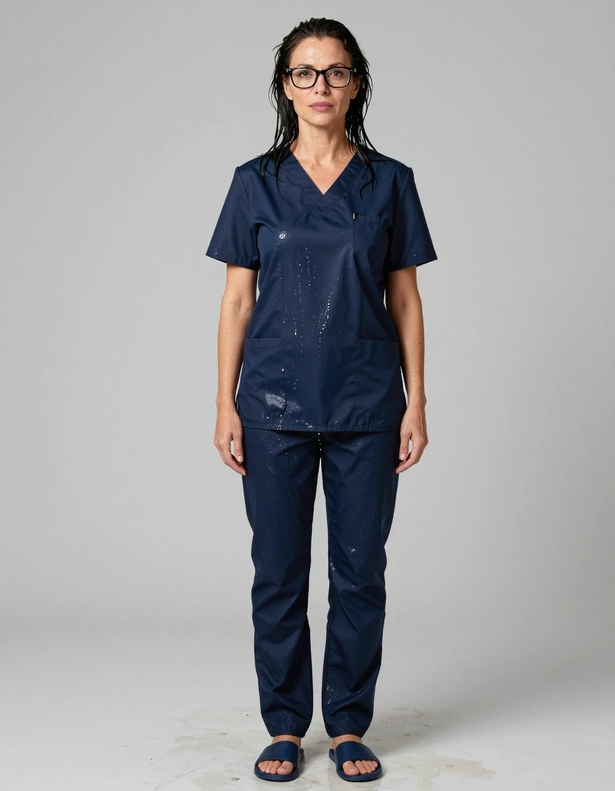 photo of young woman, in soaking wet, drenched clothes,
slippers, dark blue shiny scrubs, dark blue shiny scrubs, enjoying wet clothes stuck body, enjoying, wet clothes stuck to body, 
enjoying, wet clothes stuck to body,
detailed textures of the wet clothes, wet face, wet plastered hair,
wet, drenched, professional, high-quality details, full body view.
sharp focus, ultra-high pixel detail, realistic, high-quality, full colors, incredibly detailed, 4k, 8k, 16k, hyper-realistic, RAW photo, masterpiece, ultra-detailed, professionally color graded, professional photograph, europen brunette skinny woman 50 years old, long dark black hair, office glasses, very big and thick lips, complete body, wet skin, wet clothes, damp fabric, wet skin, wet clothes, damp fabric, wet skin, wet clothes, damp fabric, wet skin, wet clothes, damp fabric, wet skin, wet clothes, damp fabric, wet skin, wet clothes, damp fabric, wet skin, wet clothes, damp fabric