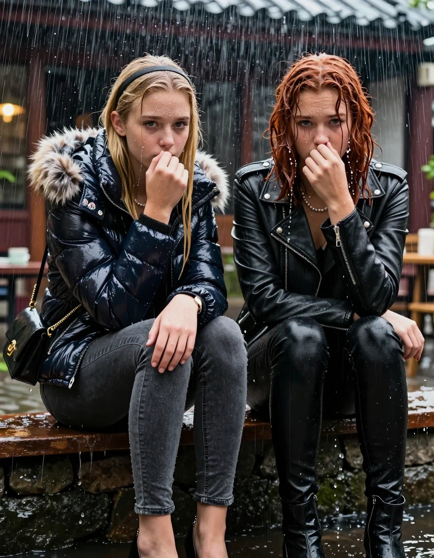 photo of young woman, in soaking wet, drenched clothes,
, Dark skinny jeans, Moncler shiny puffer down jacket with fur, Open jacket, tight v-neck sweater belly free, shoulderbag, pearl necklace, bracelet, wristwatch, Behind view: stream of rainwater, 
enjoying, wet clothes stuck to body,
detailed textures of the wet clothes, wet face, wet plastered hair,
wet, drenched, professional, high-quality details, full body view.
sharp focus, ultra-high pixel detail, realistic, high-quality, full colors, incredibly detailed, 4k, 8k, 16k, hyper-realistic, RAW photo, masterpiece, ultra-detailed, professionally color graded, professional photograph, two 15-year-old teenage girl sitting in an Outdoor Chinese-Restaurant under a heavy, concentrated stream of rainwater pouring off the edge of a building roof. The girls look at camera, letting the water drench her hair so it is glued flat against her head and body. One has blonde Sleek  straight long hair with hairband, one has an auburn collarbone bob, completely  saturated and dripping wet hair, with water cascading down her face and neck, worried expression. One hold her hand over her mouth. One hold her hand over her nose. One Girl wears a moncler shiny puffer down jacket with fur, grey skinny jeans and black heels. One a biker leatherjacket with Black leatherleggings and ankle boots. The lighting is bright and cinematic, highlighting the glistening water droplets on her skin and the saturated texture of her  casual clothes. 
her clothing is soaking wet and clinging tightly to her skin, showing heavy wet folds, darkened fabric texture, and deep water-saturated Patches, her clothes are heavy from the water, water runs from her body and her clothes in streams. A lot of water also runs out of her clothes. Her clothes are darkened by the water. 
hyper-realistic wetness, high-contrast water sheen, sharp focus, 16k resolution, professional photography, realistic water physics., wet skin, wet clothes, damp fabric, wet skin, wet clothes, damp fabric, wet skin, wet clothes, damp fabric, wet skin, wet clothes, damp fabric, wet skin, wet clothes, damp fabric