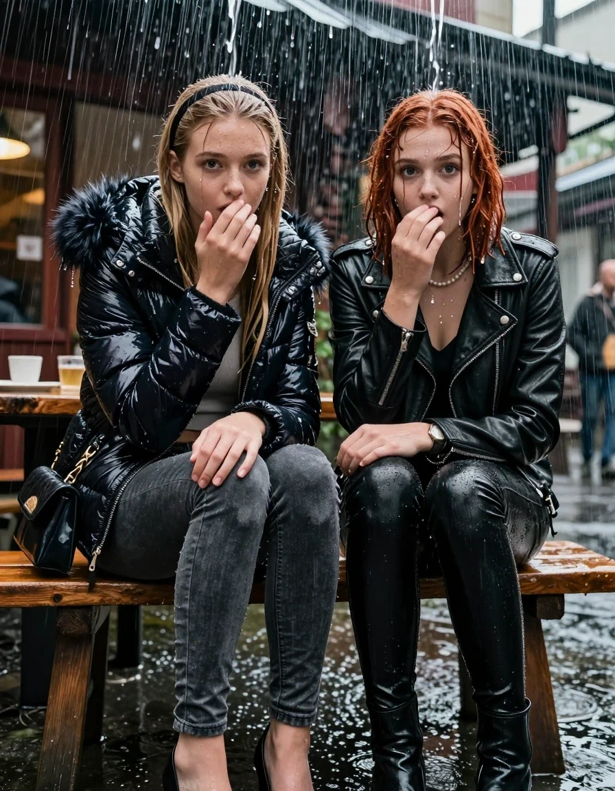 photo of young woman, in soaking wet, drenched clothes,
, Dark skinny jeans, Moncler shiny puffer down jacket with fur, Open jacket, tight v-neck sweater belly free, shoulderbag, pearl necklace, bracelet, wristwatch, Behind view: stream of rainwater, 
enjoying, wet clothes stuck to body,
detailed textures of the wet clothes, wet face, wet plastered hair,
wet, drenched, professional, high-quality details, full body view.
sharp focus, ultra-high pixel detail, realistic, high-quality, full colors, incredibly detailed, 4k, 8k, 16k, hyper-realistic, RAW photo, masterpiece, ultra-detailed, professionally color graded, professional photograph, two 15-year-old teenage girl sitting in an Outdoor Chinese-Restaurant under a heavy, concentrated stream of rainwater pouring off the edge of a building roof. The girls look at camera, letting the water drench her hair so it is glued flat against her head and body. One has blonde Sleek  straight long hair with hairband, one has an auburn collarbone bob, completely  saturated and dripping wet hair, with water cascading down her face and neck, shocked expression. One hold her hand over her mouth. One hold her hand over her nose. One Girl wears a moncler shiny puffer down jacket with fur, grey skinny jeans and black heels. One a biker leatherjacket with Black leatherleggings and ankle boots. Open mouth, big eyes. The lighting is bright and cinematic, highlighting the glistening water droplets on her skin and the saturated texture of her  casual clothes. 
her clothing is soaking wet and clinging tightly to her skin, showing heavy wet folds, darkened fabric texture, and deep water-saturated Patches, her clothes are heavy from the water, water runs from her body and her clothes in streams. A lot of water also runs out of her clothes. Her clothes are darkened by the water. 
hyper-realistic wetness, high-contrast water sheen, sharp focus, 16k resolution, professional photography, realistic water physics., wet skin, wet clothes, damp fabric, wet skin, wet clothes, damp fabric, wet skin, wet clothes, damp fabric, wet skin, wet clothes, damp fabric, wet skin, wet clothes, damp fabric