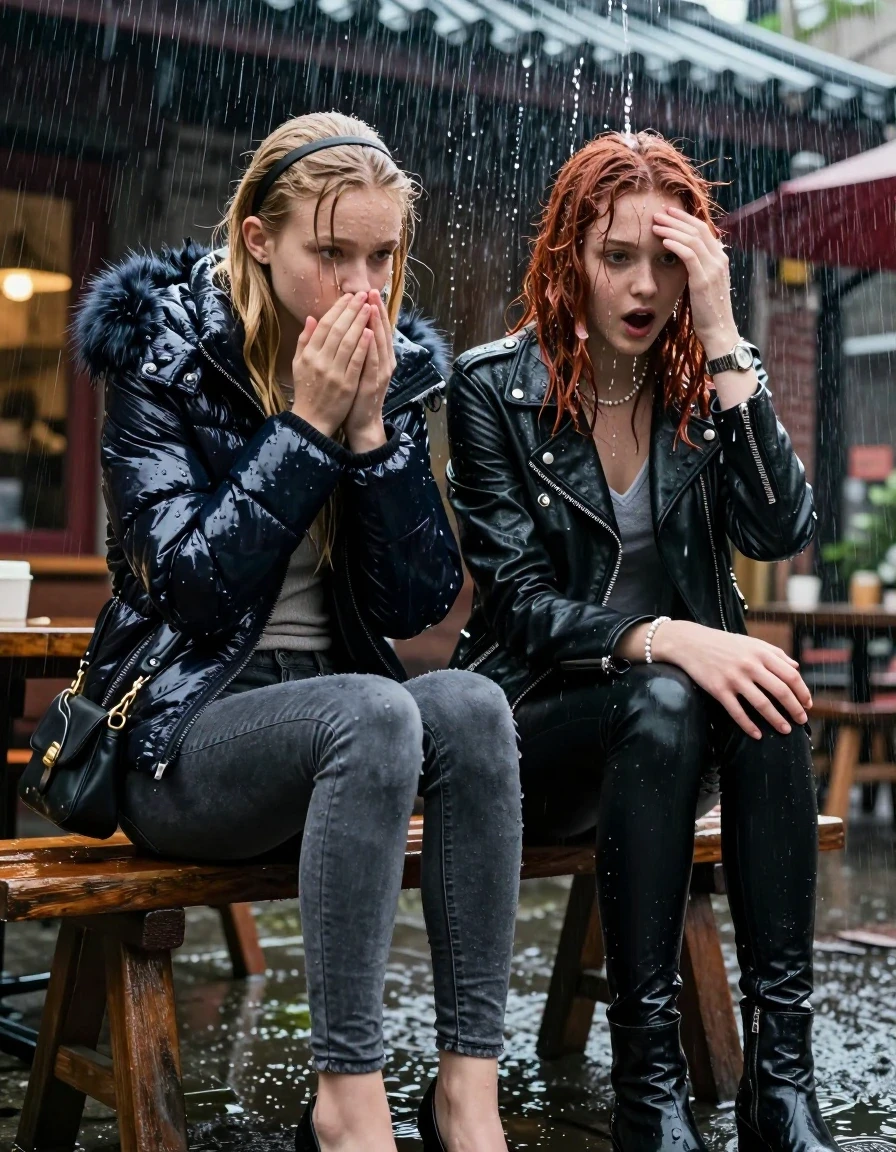 photo of young woman, in soaking wet, drenched clothes,
, Dark skinny jeans, Moncler shiny puffer down jacket with fur, Open jacket, tight v-neck sweater belly free, shoulderbag, pearl necklace, bracelet, wristwatch, Behind view: stream of rainwater, 
enjoying, wet clothes stuck to body,
detailed textures of the wet clothes, wet face, wet plastered hair,
wet, drenched, professional, high-quality details, full body view.
sharp focus, ultra-high pixel detail, realistic, high-quality, full colors, incredibly detailed, 4k, 8k, 16k, hyper-realistic, RAW photo, masterpiece, ultra-detailed, professionally color graded, professional photograph, two 15-year-old teenage girl sitting in an Outdoor Chinese-Restaurant under a heavy, concentrated stream of rainwater pouring off the edge of a building roof. The girls look at camera, letting the water drench her hair so it is glued flat against her head and body. One has blonde Sleek  straight long hair with hairband, one has an auburn collarbone bob, completely  saturated and dripping wet hair, with water cascading down her face and neck, surprise and astonished expression. One hold her hands over her mouth and nose. One hold her hand on her forehead. One Girl wears a moncler shiny puffer down jacket with fur, grey skinny jeans and black heels. One a biker leatherjacket with Black leatherleggings and ankle boots. The lighting is bright and cinematic, highlighting the glistening water droplets on her skin and the saturated texture of her  casual clothes. 
her clothing is soaking wet and clinging tightly to her skin, showing heavy wet folds, darkened fabric texture, and deep water-saturated Patches, her clothes are heavy from the water, water runs from her body and her clothes in streams. A lot of water also runs out of her clothes. Her clothes are darkened by the water. 
hyper-realistic wetness, high-contrast water sheen, sharp focus, 16k resolution, professional photography, realistic water physics., wet skin, wet clothes, damp fabric, wet skin, wet clothes, damp fabric, wet skin, wet clothes, damp fabric, wet skin, wet clothes, damp fabric, wet skin, wet clothes, damp fabric