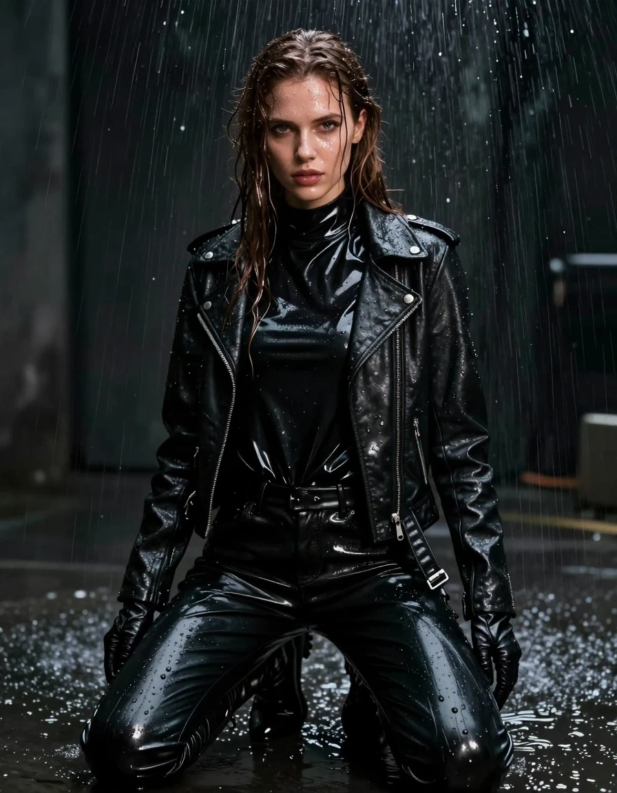 A photorealistic medium shot of a young adult European woman with long, dripping wet brown hair, captured in a state of total saturation. She is kneeling in a dark, atmospheric room where water drips continuously from the ceiling, creating a drenched environment. Her skin is glistening with a wet sheen, and her clothes are visibly soaked and clinging to her body. She wears an oversize black vinyl polar neck shirt, black vinyl pants, a black biker leather jacket, black leather knee-high boots, and leather gloves on both hands. The vinyl and leather surfaces are heavily coated in water, reflecting the ambient light with high-contrast specular highlights, deep wet folds, and dark, saturated textures. The scene is strictly non-nude, focusing on the interplay of wet fabric and skin. The lighting is moody and cinematic, emphasizing the water droplets, the heavy texture of the wet materials, and the glistening, damp atmosphere of the room.