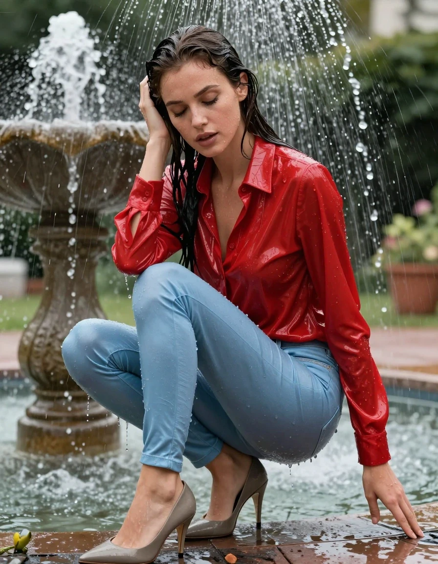 photo of young woman, in soaking wet, drenched clothes,
pumps, light blue silk tight pants, shiny light red blouse , jeans jacket, fountain, shower, 
enjoying, wet clothes stuck to body,
detailed textures of the wet clothes, wet face, wet plastered hair,
wet, drenched, professional, high-quality details, full body view.
sharp focus, ultra-high pixel detail, realistic, high-quality, full colors, incredibly detailed, 4k, 8k, 16k, hyper-realistic, RAW photo, masterpiece, ultra-detailed, professionally color graded, professional photograph, collar, long sleeves, long blouse, unbuttoned, 
wet hair, long hair, drenched, dripping wet, wet skin, wet clothes, damp fabric