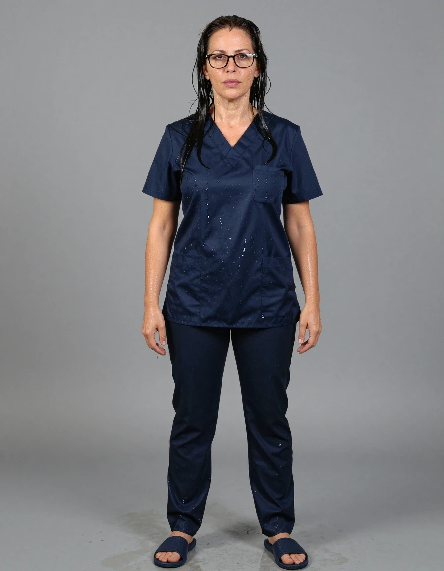 photo of young woman, in soaking wet, drenched clothes,
slippers, dark blue shiny scrubs with black pants, dark blue shiny scrubs, enjoying wet clothes stuck body, enjoying, wet clothes stuck to body, 
enjoying, wet clothes stuck to body,
detailed textures of the wet clothes, wet face, wet plastered hair,
wet, drenched, professional, high-quality details, full body view.
sharp focus, ultra-high pixel detail, realistic, high-quality, full colors, incredibly detailed, 4k, 8k, 16k, hyper-realistic, RAW photo, masterpiece, ultra-detailed, professionally color graded, professional photograph, europen brunette skinny woman 50 years old, long dark black hair, office glasses, very big and thick lips, complete body, wet skin, wet clothes, damp fabric, wet skin, wet clothes, damp fabric, wet skin, wet clothes, damp fabric, wet skin, wet clothes, damp fabric, wet skin, wet clothes, damp fabric, wet skin, wet clothes, damp fabric, wet skin, wet clothes, damp fabric