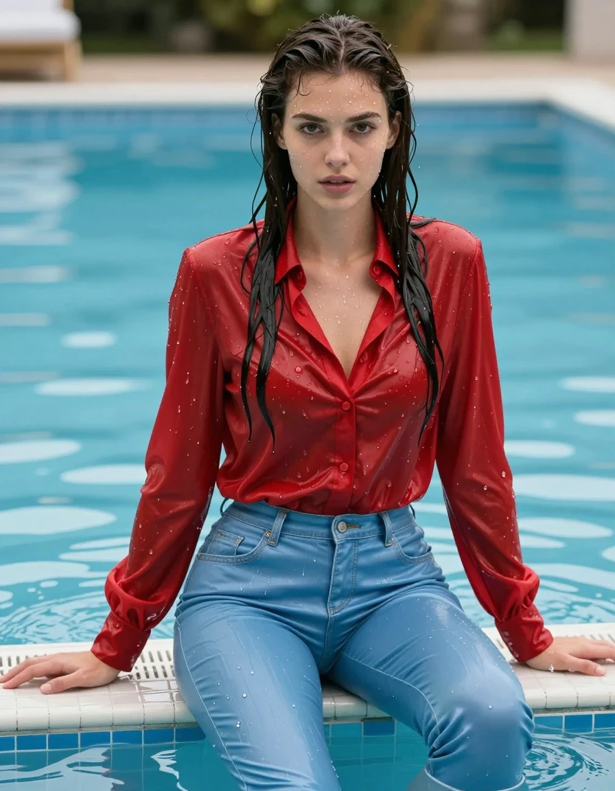photo of young woman, in soaking wet, drenched clothes,
pumps, light blue silk tight pants, shiny light red blouse , jeans jacket, pool, 
enjoying, wet clothes stuck to body,
detailed textures of the wet clothes, wet face, wet plastered hair,
wet, drenched, professional, high-quality details, full body view.
sharp focus, ultra-high pixel detail, realistic, high-quality, full colors, incredibly detailed, 4k, 8k, 16k, hyper-realistic, RAW photo, masterpiece, ultra-detailed, professionally color graded, professional photograph, collar, long sleeves, long blouse, unbuttoned, 
wet hair, long hair, drenched, dripping wet, wet skin, wet clothes, damp fabric
