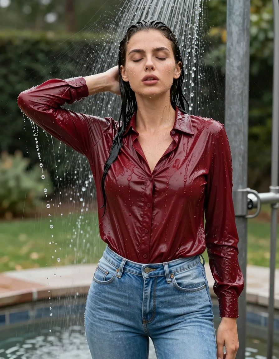 photo of young woman, in soaking wet, drenched clothes,
light blue jeans, shiny dark red blouse , fountain, shower, 
enjoying, wet clothes stuck to body,
detailed textures of the wet clothes, wet face, wet plastered hair,
wet, drenched, professional, high-quality details, full body view.
sharp focus, ultra-high pixel detail, realistic, high-quality, full colors, incredibly detailed, 4k, 8k, 16k, hyper-realistic, RAW photo, masterpiece, ultra-detailed, professionally color graded, professional photograph, collar, long sleeves, long blouse, wet hair, long hair, drenched,, wet skin, wet clothes, damp fabric