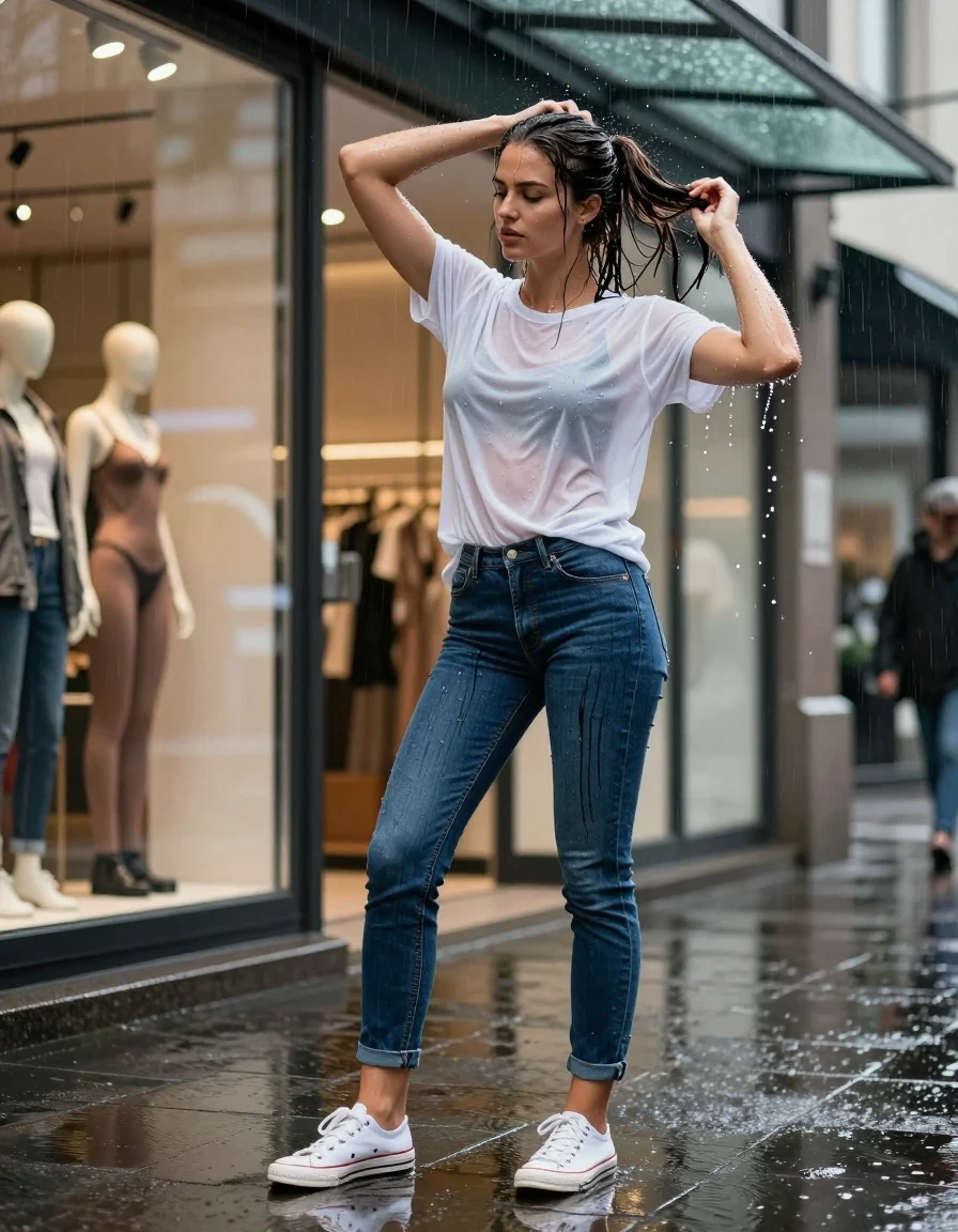 photo of young woman, in soaking wet, drenched clothes,
soaked white canvas sneakers with visible water puddles around soles, clinging navy blue denim jeans saturated with dark rainwater streaks, translucent white cotton t-shirt drenched and clinging to skin, busy urban shopping district storefront during a torrential downpour, 
enjoying, wet clothes stuck to body,
detailed textures of the wet clothes, wet face, wet plastered hair,
wet, drenched, professional, high-quality details, full body view.
sharp focus, ultra-high pixel detail, realistic, high-quality, full colors, incredibly detailed, 4k, 8k, 16k, hyper-realistic, RAW photo, masterpiece, ultra-detailed, professionally color graded, professional photograph, woman wringing out her wet ponytail while standing under a glass awning, raindrops splashing off fabric, highly detailed textile textures, realistic street photography, sharp focus, natural daylight, wide angle eye-level framing., wet skin, wet clothes, damp fabric