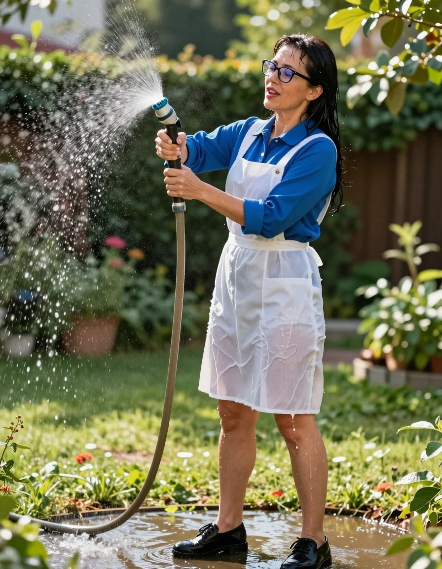 photo of young woman, in soaking wet, drenched clothes,
black shoes, white , School pinafore to wear over a blue long-sleeved shirt, School pinafore to wear over a blue long-sleeved shirt, pouring water with the hose in sunny garden, enjoying wet clothes stuck body, enjoying, wet clothes stuck to body, 
enjoying, wet clothes stuck to body,
detailed textures of the wet clothes, wet face, wet plastered hair,
wet, drenched, professional, high-quality details, full body view.
sharp focus, ultra-high pixel detail, realistic, high-quality, full colors, incredibly detailed, 4k, 8k, 16k, hyper-realistic, RAW photo, masterpiece, ultra-detailed, professionally color graded, professional photograph, europen brunette skinny woman 50 years old, long dark black hair, office glasses, very big and thick lips, complete body, wet skin, wet clothes, damp fabric, wet skin, wet clothes, damp fabric, wet skin, wet clothes, damp fabric, wet skin, wet clothes, damp fabric, wet skin, wet clothes, damp fabric, wet skin, wet clothes, damp fabric, wet skin, wet clothes, damp fabric