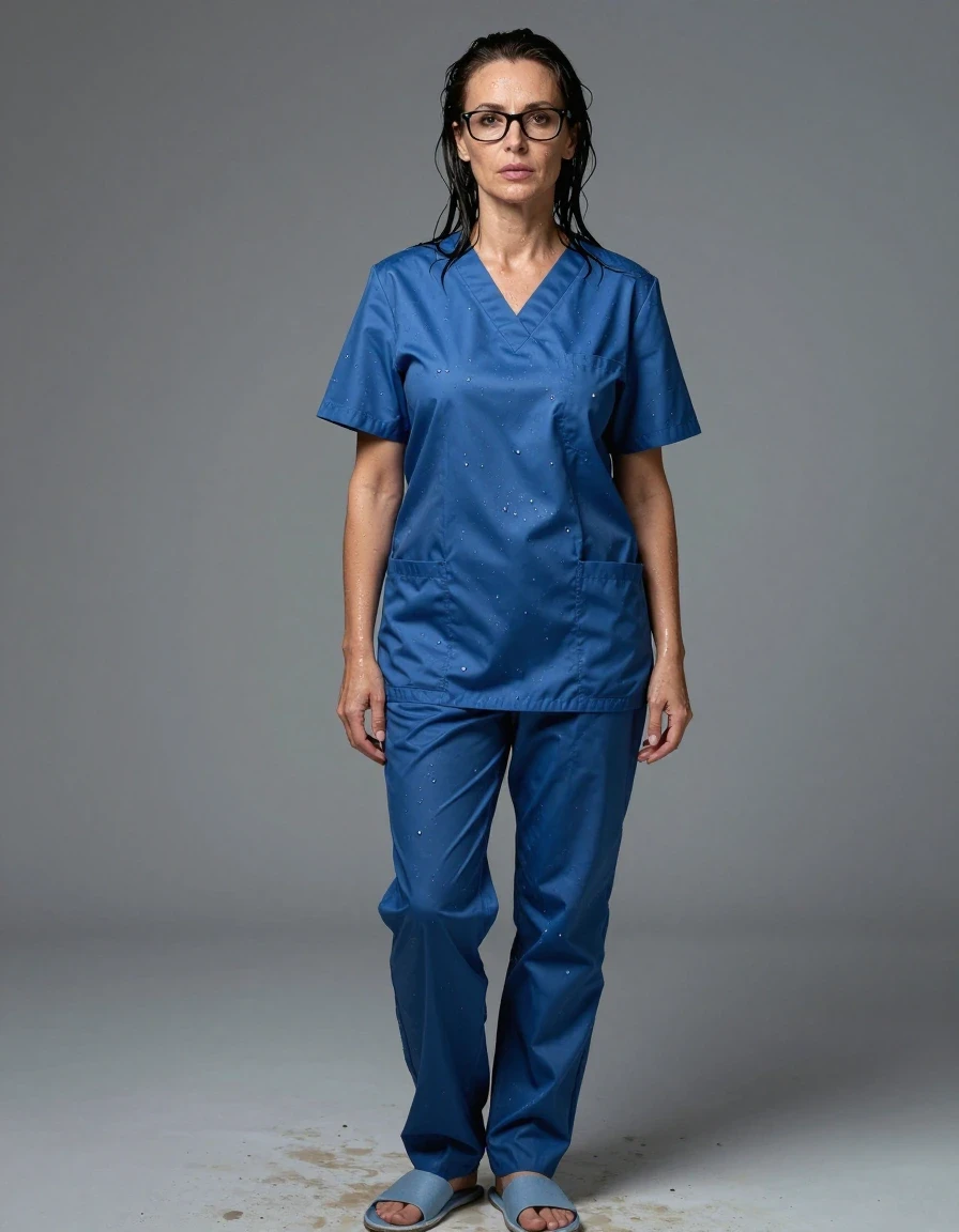 photo of young woman, in soaking wet, drenched clothes,
slippers, blue shiny scrubs, blue shiny scrubs, enjoying wet clothes stuck body, enjoying, wet clothes stuck to body, 
enjoying, wet clothes stuck to body,
detailed textures of the wet clothes, wet face, wet plastered hair,
wet, drenched, professional, high-quality details, full body view.
sharp focus, ultra-high pixel detail, realistic, high-quality, full colors, incredibly detailed, 4k, 8k, 16k, hyper-realistic, RAW photo, masterpiece, ultra-detailed, professionally color graded, professional photograph, europen brunette skinny woman 50 years old, long dark black hair, office glasses, very big and thick lips, complete body, wet skin, wet clothes, damp fabric, wet skin, wet clothes, damp fabric, wet skin, wet clothes, damp fabric, wet skin, wet clothes, damp fabric, wet skin, wet clothes, damp fabric, wet skin, wet clothes, damp fabric, wet skin, wet clothes, damp fabric