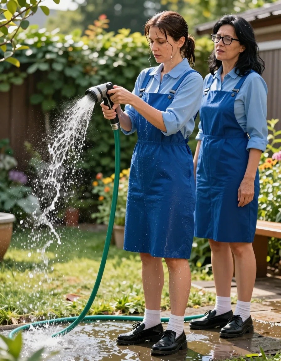 photo of young woman, in soaking wet, drenched clothes,
black shoes, white socks, midi blue School pinafore to wear over a blue long-sleeved shirt, midi blue School pinafore to wear over a blue long-sleeved shirt, pouring water with the hose in sunny garden, enjoying wet clothes stuck body, enjoying, wet clothes stuck to body, 
enjoying, wet clothes stuck to body,
detailed textures of the wet clothes, wet face, wet plastered hair,
wet, drenched, professional, high-quality details, full body view.
sharp focus, ultra-high pixel detail, realistic, high-quality, full colors, incredibly detailed, 4k, 8k, 16k, hyper-realistic, RAW photo, masterpiece, ultra-detailed, professionally color graded, professional photograph, two europen brunette skinny women 50 years old, long dark black hair, office glasses, very big and thick lips, complete body, wet skin, wet clothes, damp fabric, wet skin, wet clothes, damp fabric, wet skin, wet clothes, damp fabric, wet skin, wet clothes, damp fabric, wet skin, wet clothes, damp fabric, wet skin, wet clothes, damp fabric, wet skin, wet clothes, damp fabric