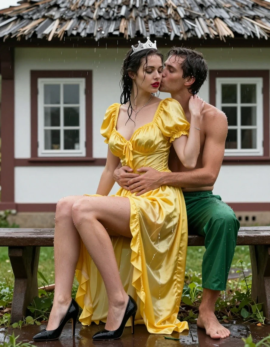 photo of young woman, in soaking wet, drenched clothes,
Schwarze Pumps, Gelbes Schneewittchen Kleid aus Satin, Kleines Fachwerkhaus mit einem Strohgedeckten Dach und Sprossenfenster, 
enjoying, wet clothes stuck to body,
detailed textures of the wet clothes, wet face, wet plastered hair,
wet, drenched, professional, high-quality details, full body view.
sharp focus, ultra-high pixel detail, realistic, high-quality, full colors, incredibly detailed, 4k, 8k, 16k, hyper-realistic, RAW photo, masterpiece, ultra-detailed, professionally color graded, professional photograph, Fotorealistische Ganzkörperaufnahme eines jungen Mädchens, sie sitzt auf einer alten Holzbank vor einem kleinen Fachwerkhaus mit Sprossenfenster und einem strohgedeckten Dach, das Mädchen hat schwarze lange Haare und einen rot geschminkten Mund, sie hat schöne blaue Augen, sie hat mittelgroße Brüste, auf dem Kopf trägt sie eine silberne kleine Krone, um den Hals trägt sie eine silberne Halskette, sie trägt ein langes gelbes Schneewittchen Kleid aus Chiffon mit Puffärmeln, es regnet stark und ihre Kleidung ist völlig durchnässt, ihre Brüste sind durch den dünnen und transparenten Stoff ihres Kleides gut sichtbar, ihr Rock klebt ihr an den Beinen, Wasser läuft aus ihrem Rock, auf ihr sitzt ein jungen Mann mit nackten Oberkörper und einer kurzen grünen Hose und nacktem Oberkörper und umarmt ihn liebevoll, sie legt beide Arme um seinen Hals und küsst ihn sehr erotisch und leidenschaftlich., wet skin, wet clothes, damp fabric