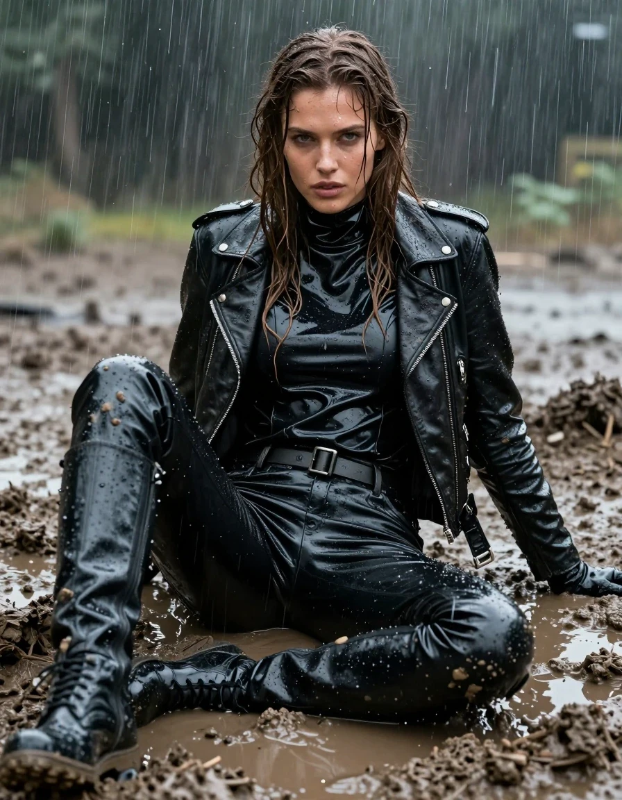 A photorealistic portrait of a young adult European woman with long, dripping wet brown hair, captured in a high-detail cinematic shot. She is wearing an oversize black vinyl polar neck shirt, a black biker leather jacket, black vinyl pants, black leather knee-high boots, and leather gloves on both hands. All clothing items are heavily drenched, featuring a distinct wet sheen, water-saturated surfaces, darkened fabric tones, and clinging textures. The subject is relaxing in a mud pit, her skin and clothes coated in thick, wet mud, while heavy rain pours down, creating visible water streaks and glossy specular highlights on her wet skin and the vinyl and leather surfaces. The scene is characterized by damp fabric, visible moisture weight, and deep saturation. The composition is a medium shot focusing on the subject's expression and the interplay of mud and rain. Lighting is moody and overcast, highlighting the reflective properties of the wet materials, with a sharp focus on realistic textures and water-soaked details. No nudity, clean anatomy, professional photography.