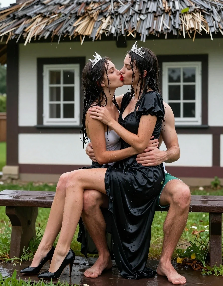 photo of young woman, in soaking wet, drenched clothes,
Schwarze Pumps, Langes Schneewittchen Kleid aus Satin, Kleines Fachwerkhaus mit einem Strohgedeckten Dach und Sprossenfenster, 
enjoying, wet clothes stuck to body,
detailed textures of the wet clothes, wet face, wet plastered hair,
wet, drenched, professional, high-quality details, full body view.
sharp focus, ultra-high pixel detail, realistic, high-quality, full colors, incredibly detailed, 4k, 8k, 16k, hyper-realistic, RAW photo, masterpiece, ultra-detailed, professionally color graded, professional photograph, Fotorealistische Ganzkörperaufnahme eines wunderschönen jungen Mädchen, sie sitzt vor einem kleinen Fachwerkhaus mit Sprossenfenster und einem strohgedeckten Dach auf einer Bank, das Mädchen hat schwarze lange Haare und einen rot geschminkten Mund, auf dem Kopf trägt sie eine silberne kleine Krone, sie hat kleine und zierliche Hände, sie trägt ein langes Schneewittchen Kleid aus Chiffon mit Puffärmeln, es regnet stark und ihre Kleidung ist völlig durchnässt, ihr Rock klebt ihr an den Beinen, neben ihr sitzt ein junger Mann mit grüner Boxershorts, nackten Oberkörper, sie sitzt rittlings auf seinem Schoß und umarmt ihn ganz eng, sie legt ihre Beine über ihn, sie küsst ihn auf den offenen Mund, wet skin, wet clothes, damp fabric, er legt seine Hand in ihren nassen Rock., wet skin, wet clothes, damp fabric