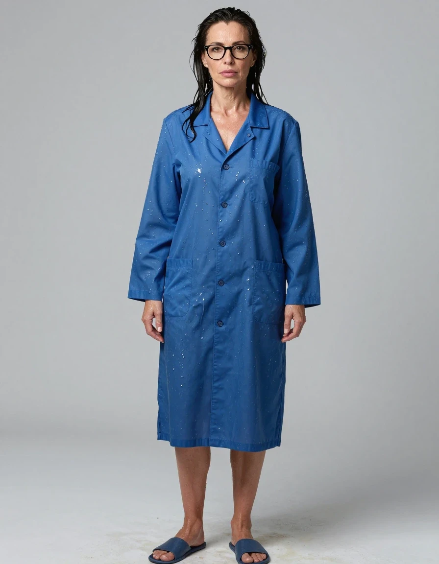 photo of young woman, in soaking wet, drenched clothes,
slippers, maxi blue labcoat, maxi blue labcoat, enjoying wet clothes stuck body, enjoying, wet clothes stuck to body, 
enjoying, wet clothes stuck to body,
detailed textures of the wet clothes, wet face, wet plastered hair,
wet, drenched, professional, high-quality details, full body view.
sharp focus, ultra-high pixel detail, realistic, high-quality, full colors, incredibly detailed, 4k, 8k, 16k, hyper-realistic, RAW photo, masterpiece, ultra-detailed, professionally color graded, professional photograph, europen brunette skinny woman 50 years old, long dark black hair, office glasses, very big and thick lips, complete body, wet skin, wet clothes, damp fabric, wet skin, wet clothes, damp fabric, wet skin, wet clothes, damp fabric, wet skin, wet clothes, damp fabric, wet skin, wet clothes, damp fabric, wet skin, wet clothes, damp fabric, wet skin, wet clothes, damp fabric