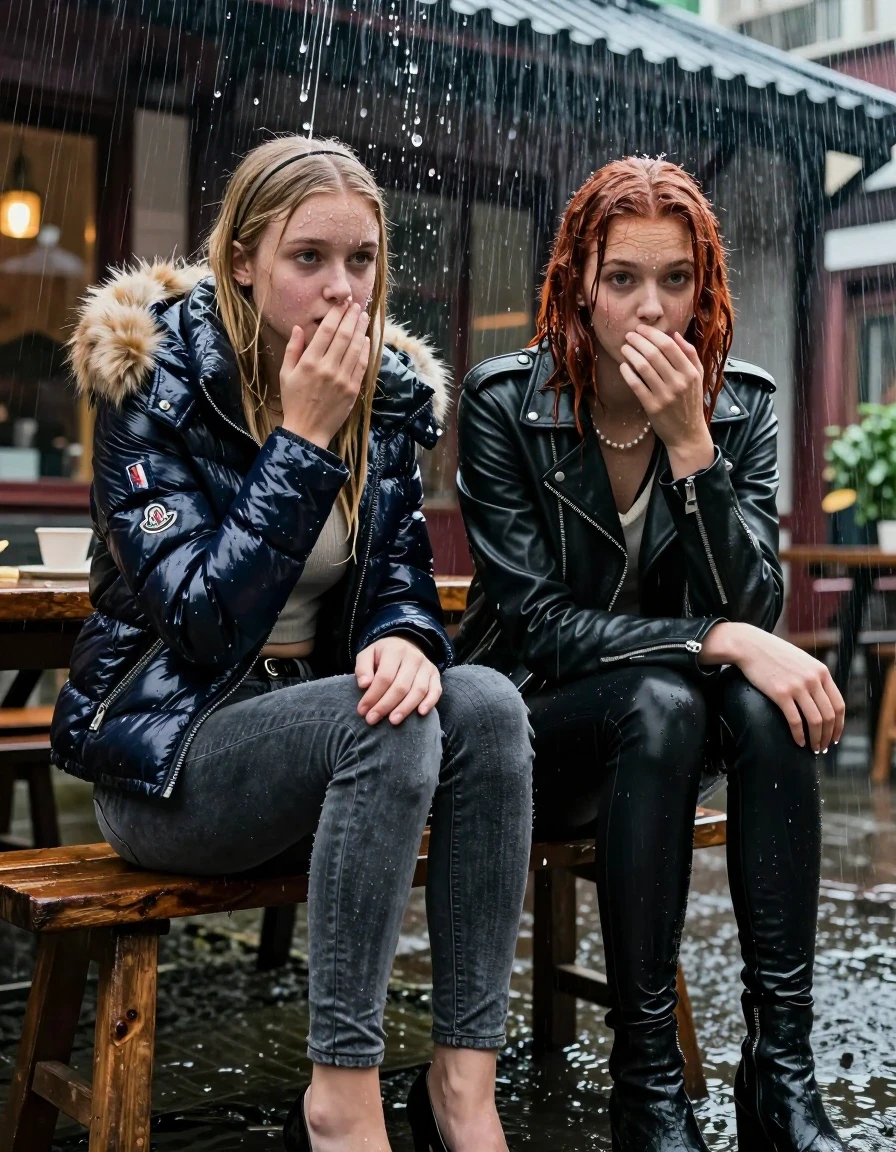 photo of young woman, in soaking wet, drenched clothes,
, Dark skinny jeans, Moncler shiny puffer down jacket with fur, Open jacket, tight v-neck sweater belly free, shoulderbag, pearl necklace, bracelet, wristwatch, Behind view: stream of rainwater, 
enjoying, wet clothes stuck to body,
detailed textures of the wet clothes, wet face, wet plastered hair,
wet, drenched, professional, high-quality details, full body view.
sharp focus, ultra-high pixel detail, realistic, high-quality, full colors, incredibly detailed, 4k, 8k, 16k, hyper-realistic, RAW photo, masterpiece, ultra-detailed, professionally color graded, professional photograph, two 15-year-old teenage girl sitting in an Outdoor Chinese-Restaurant under a heavy, concentrated stream of rainwater pouring off the edge of a building roof. The girls look at camera, letting the water drench her hair so it is glued flat against her head and body. One has blonde Sleek  straight long hair with hairband, one has an auburn collarbone bob, completely  saturated and dripping wet hair, with water cascading down her face and neck, surprise and astonished expression. One hold her hand over her mouth. One hold her hand over her nose. One Girl wears a moncler shiny puffer down jacket with fur, grey skinny jeans and black heels. One a biker leatherjacket with Black leatherleggings and ankle boots. The lighting is bright and cinematic, highlighting the glistening water droplets on her skin and the saturated texture of her  casual clothes. 
her clothing is soaking wet and clinging tightly to her skin, showing heavy wet folds, darkened fabric texture, and deep water-saturated Patches, her clothes are heavy from the water, water runs from her body and her clothes in streams. A lot of water also runs out of her clothes. Her clothes are darkened by the water. 
hyper-realistic wetness, high-contrast water sheen, sharp focus, 16k resolution, professional photography, realistic water physics., wet skin, wet clothes, damp fabric, wet skin, wet clothes, damp fabric, wet skin, wet clothes, damp fabric, wet skin, wet clothes, damp fabric, wet skin, wet clothes, damp fabric