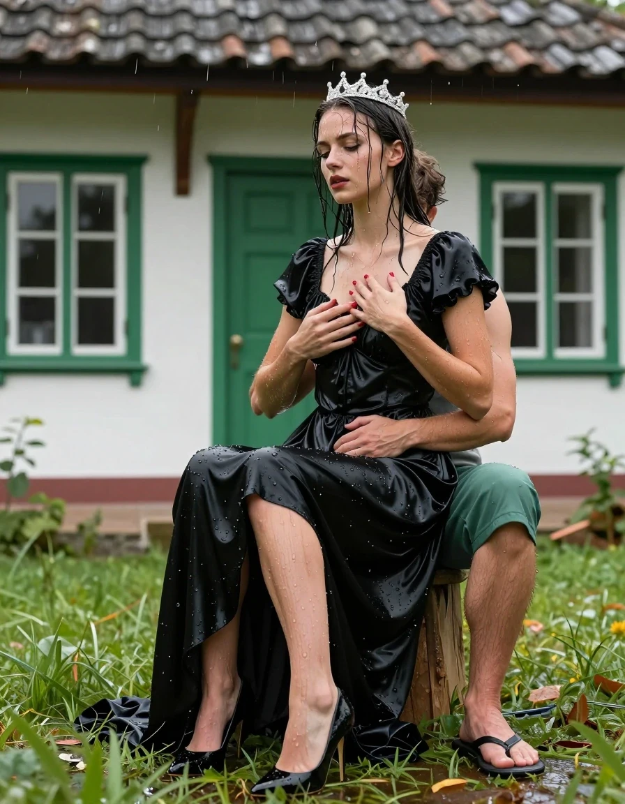 photo of young woman, in soaking wet, drenched clothes,
Schwarze Pumps, Langes Schneewittchen Kleid aus Satin, Kleines gemütliches Fachwerkhaus mit einer grünen Haustüre und mit einem strohgedeckten Dach und grünen Sprossenfenster, 
enjoying, wet clothes stuck to body,
detailed textures of the wet clothes, wet face, wet plastered hair,
wet, drenched, professional, high-quality details, full body view.
sharp focus, ultra-high pixel detail, realistic, high-quality, full colors, incredibly detailed, 4k, 8k, 16k, hyper-realistic, RAW photo, masterpiece, ultra-detailed, professionally color graded, professional photograph, Fotorealistische 5K Ganzkörperaufnahme eines wunderschönen jungen Mädchen, sie sitzt mit ihrem Hintern vor einem kleinen Fachwerkhaus mit Sprossenfenster und einem strohgedeckten Dach im nassen Gras, das Mädchen hat schwarze lange Haare und einen rot geschminkten Mund, ihre Fingernägel sind rot lackiert, auf dem Kopf trägt sie eine silberne kleine Krone, sie hat kleine und zierliche Hände, sie trägt ein langes Schneewittchen Kleid aus Chiffon mit Puffärmeln, es regnet stark und ihre Kleidung ist völlig durchnässt, ihr Rock klebt ihr an den Beinen, ein junger Mann in grünen Boxershorts und nackten Oberkörper sitzt auf den Schoss und streichelt sie zärtlich an ihrer Brust, sie küssen sich gegenseitig erotisch, wet skin, wet clothes, damp fabric,, wet skin, wet clothes, damp fabric