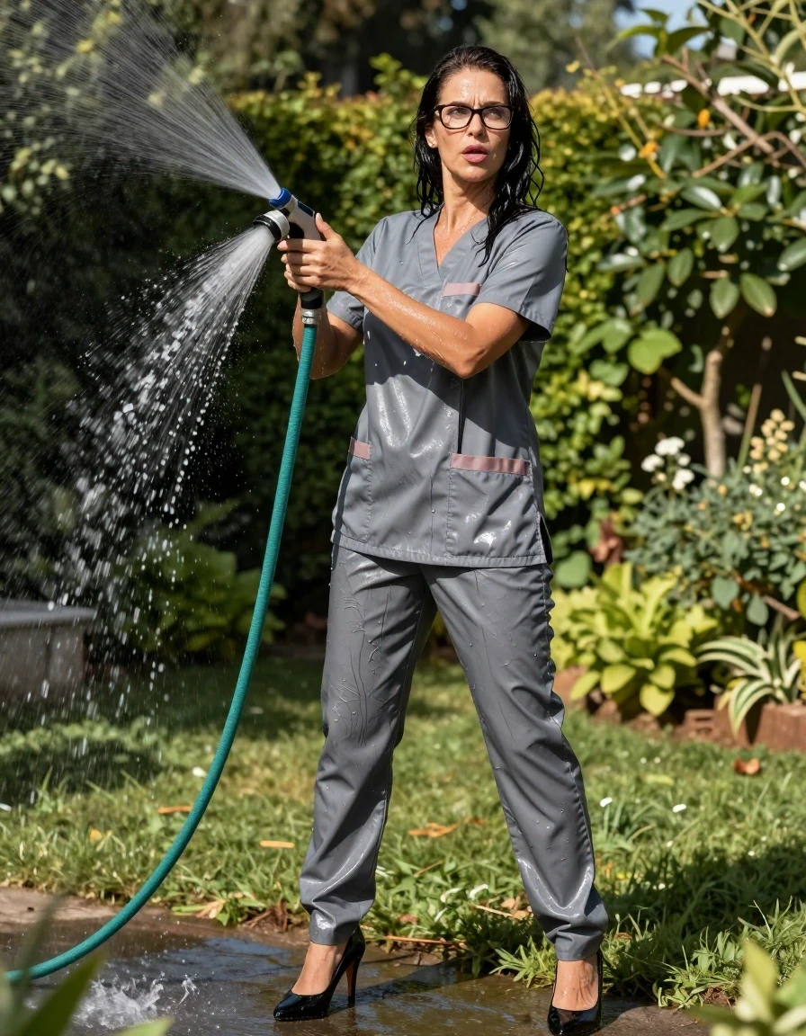 photo of young woman, in soaking wet, drenched clothes,
high-heeled shoes, shiny gray scrubs, shiny gray scrubs, pouring water with the hose in sunny garden, enjoying wet clothes stuck body, enjoying, wet clothes stuck to body, 
enjoying, wet clothes stuck to body,
detailed textures of the wet clothes, wet face, wet plastered hair,
wet, drenched, professional, high-quality details, full body view.
sharp focus, ultra-high pixel detail, realistic, high-quality, full colors, incredibly detailed, 4k, 8k, 16k, hyper-realistic, RAW photo, masterpiece, ultra-detailed, professionally color graded, professional photograph, europen brunette skinny woman 50 years old, long dark black hair, office glasses, very big and thick lips, complete body, wet skin, wet clothes, damp fabric, wet skin, wet clothes, damp fabric, wet skin, wet clothes, damp fabric, wet skin, wet clothes, damp fabric, wet skin, wet clothes, damp fabric, wet skin, wet clothes, damp fabric, wet skin, wet clothes, damp fabric