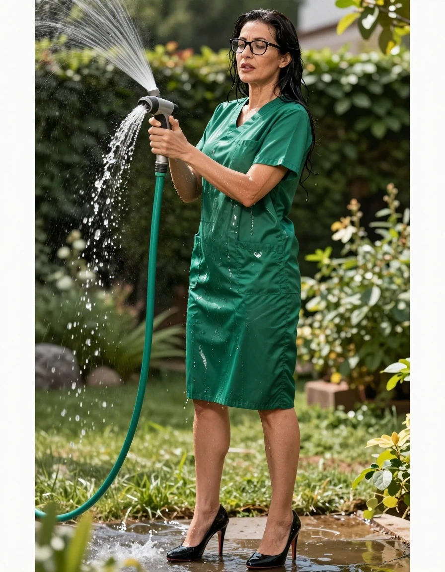 photo of young woman, in soaking wet, drenched clothes,
high-heeled shoes, midi green scrubs shiny dress with short sleeves, midi green scrubs shiny dress with short sleeves, pouring water with the hose in sunny garden, enjoying wet clothes stuck body, enjoying, wet clothes stuck to body, 
enjoying, wet clothes stuck to body,
detailed textures of the wet clothes, wet face, wet plastered hair,
wet, drenched, professional, high-quality details, full body view.
sharp focus, ultra-high pixel detail, realistic, high-quality, full colors, incredibly detailed, 4k, 8k, 16k, hyper-realistic, RAW photo, masterpiece, ultra-detailed, professionally color graded, professional photograph, europen brunette skinny woman 50 years old, long dark black hair, office glasses, very big and thick lips, complete body, wet skin, wet clothes, damp fabric, wet skin, wet clothes, damp fabric, wet skin, wet clothes, damp fabric, wet skin, wet clothes, damp fabric, wet skin, wet clothes, damp fabric, wet skin, wet clothes, damp fabric, wet skin, wet clothes, damp fabric