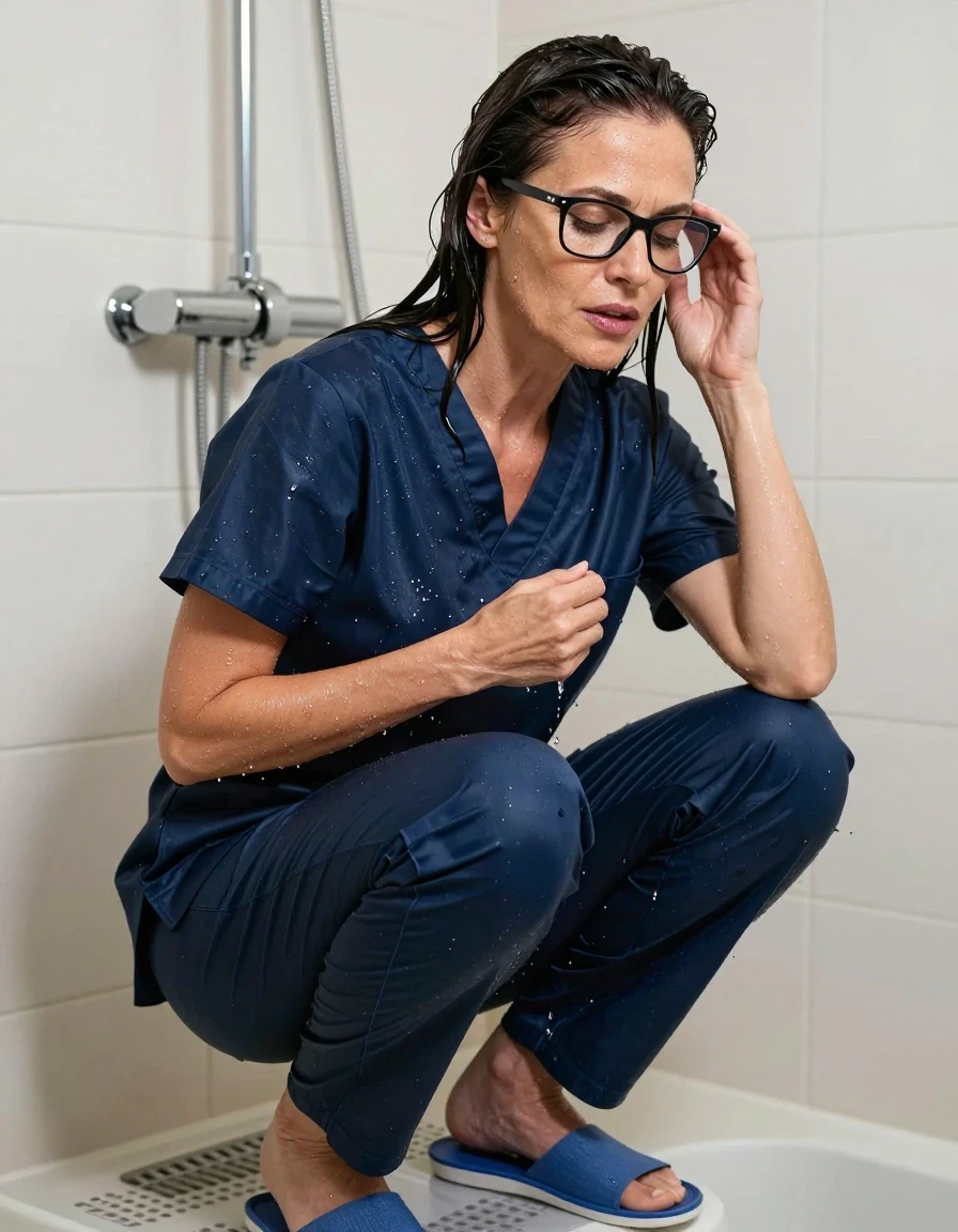 photo of young woman, in soaking wet, drenched clothes,
slippers, dark blue shiny scrubs, dark blue shiny scrubs, shower, enjoying wet clothes stuck body, enjoying, wet clothes stuck to body, 
enjoying, wet clothes stuck to body,
detailed textures of the wet clothes, wet face, wet plastered hair,
wet, drenched, professional, high-quality details, full body view.
sharp focus, ultra-high pixel detail, realistic, high-quality, full colors, incredibly detailed, 4k, 8k, 16k, hyper-realistic, RAW photo, masterpiece, ultra-detailed, professionally color graded, professional photograph, europen brunette skinny woman 50 years old, long dark black hair, office glasses, very big and thick lips, complete body, wet skin, wet clothes, damp fabric, wet skin, wet clothes, damp fabric, wet skin, wet clothes, damp fabric, wet skin, wet clothes, damp fabric, wet skin, wet clothes, damp fabric, wet skin, wet clothes, damp fabric, wet skin, wet clothes, damp fabric