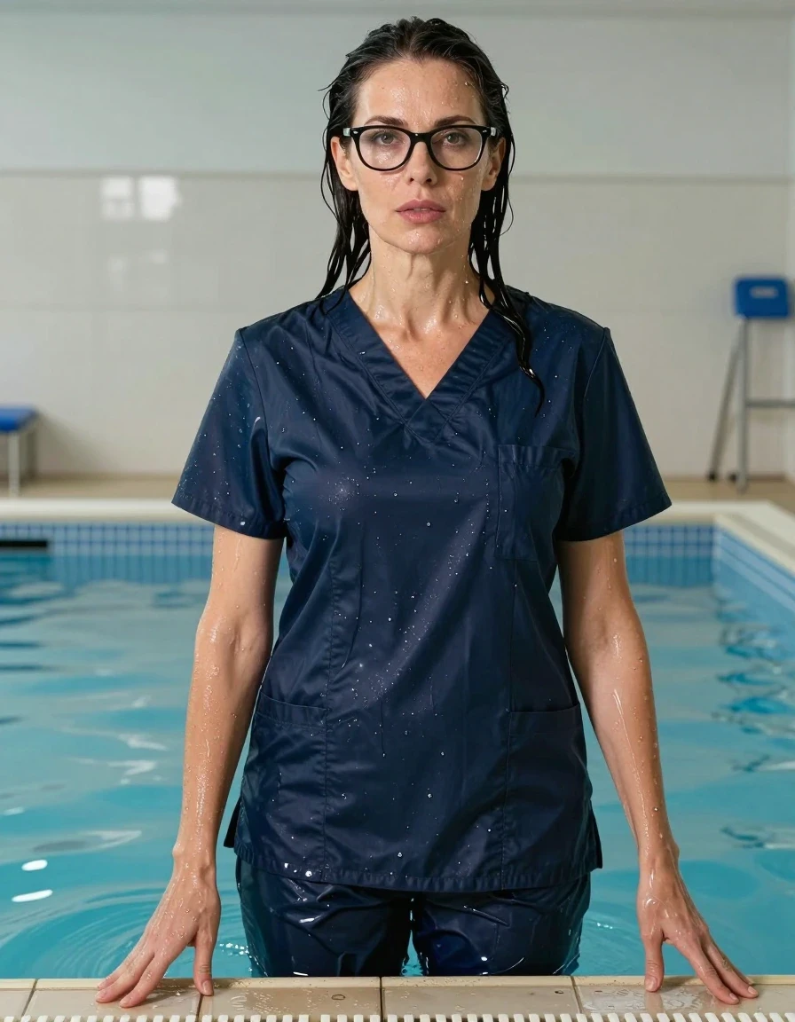 photo of young woman, in soaking wet, drenched clothes,
slippers, dark blue shiny scrubs, dark blue shiny scrubs, after bath in indoor pool, enjoying wet clothes stuck body, enjoying, wet clothes stuck to body, 
enjoying, wet clothes stuck to body,
detailed textures of the wet clothes, wet face, wet plastered hair,
wet, drenched, professional, high-quality details, full body view.
sharp focus, ultra-high pixel detail, realistic, high-quality, full colors, incredibly detailed, 4k, 8k, 16k, hyper-realistic, RAW photo, masterpiece, ultra-detailed, professionally color graded, professional photograph, europen brunette skinny woman 50 years old, long dark black hair, office glasses, very big and thick lips, complete body, wet skin, wet clothes, damp fabric, wet skin, wet clothes, damp fabric, wet skin, wet clothes, damp fabric, wet skin, wet clothes, damp fabric, wet skin, wet clothes, damp fabric, wet skin, wet clothes, damp fabric, wet skin, wet clothes, damp fabric