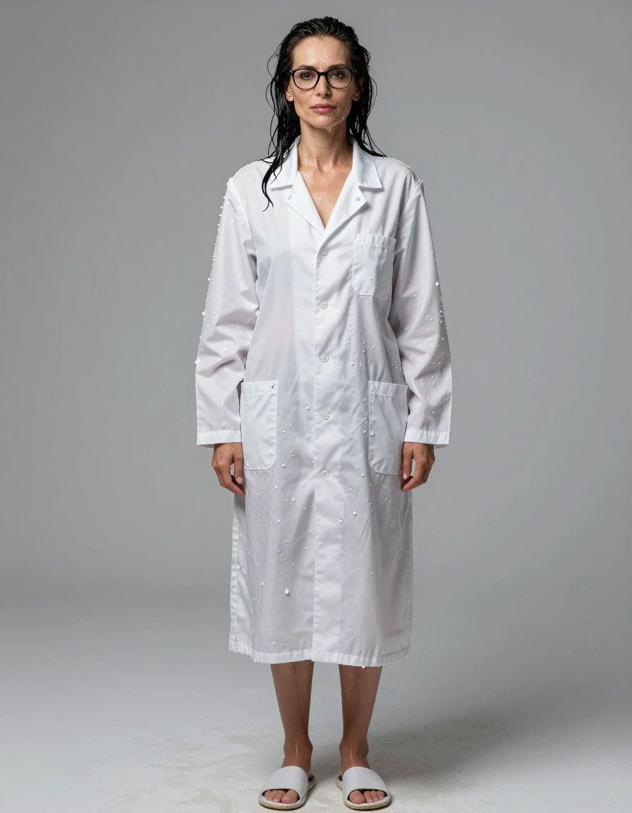 photo of young woman, in soaking wet, drenched clothes,
slippers, maxi white labcoat, maxi white labcoat, enjoying wet clothes stuck body, enjoying, wet clothes stuck to body, 
enjoying, wet clothes stuck to body,
detailed textures of the wet clothes, wet face, wet plastered hair,
wet, drenched, professional, high-quality details, full body view.
sharp focus, ultra-high pixel detail, realistic, high-quality, full colors, incredibly detailed, 4k, 8k, 16k, hyper-realistic, RAW photo, masterpiece, ultra-detailed, professionally color graded, professional photograph, europen brunette skinny woman 50 years old, long dark black hair, office glasses, very big and thick lips, complete body, wet skin, wet clothes, damp fabric, wet skin, wet clothes, damp fabric, wet skin, wet clothes, damp fabric, wet skin, wet clothes, damp fabric, wet skin, wet clothes, damp fabric, wet skin, wet clothes, damp fabric, wet skin, wet clothes, damp fabric