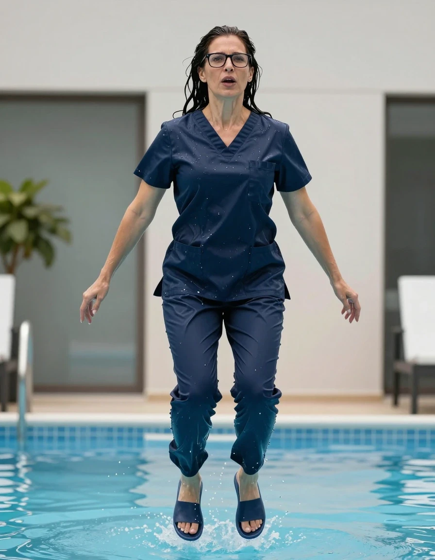 photo of young woman, in soaking wet, drenched clothes,
slippers, dark blue shiny scrubs, dark blue shiny scrubs, jumping in pool, enjoying wet clothes stuck body, enjoying, wet clothes stuck to body, 
enjoying, wet clothes stuck to body,
detailed textures of the wet clothes, wet face, wet plastered hair,
wet, drenched, professional, high-quality details, full body view.
sharp focus, ultra-high pixel detail, realistic, high-quality, full colors, incredibly detailed, 4k, 8k, 16k, hyper-realistic, RAW photo, masterpiece, ultra-detailed, professionally color graded, professional photograph, europen brunette skinny woman 50 years old, long dark black hair, office glasses, very big and thick lips, complete body, wet skin, wet clothes, damp fabric, wet skin, wet clothes, damp fabric, wet skin, wet clothes, damp fabric, wet skin, wet clothes, damp fabric, wet skin, wet clothes, damp fabric, wet skin, wet clothes, damp fabric, wet skin, wet clothes, damp fabric