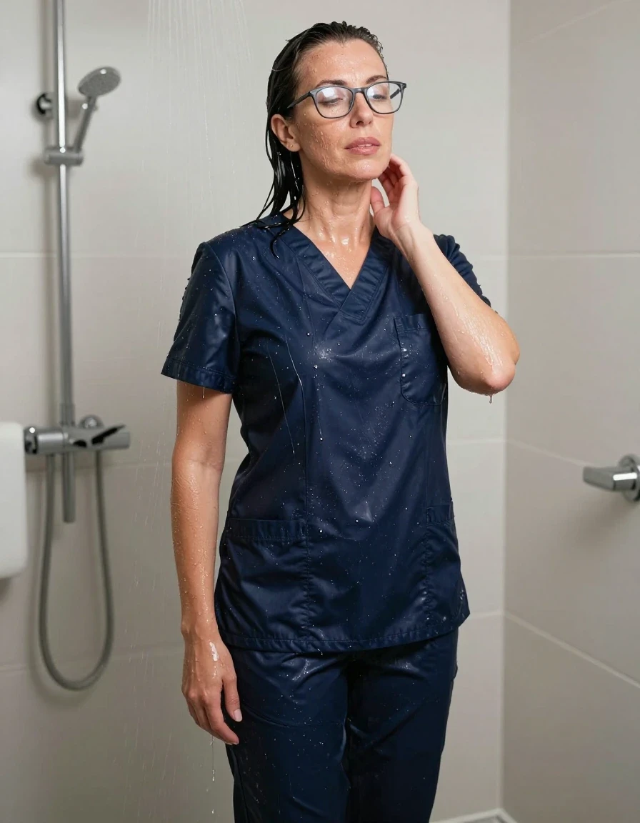 photo of young woman, in soaking wet, drenched clothes,
slippers, dark blue shiny scrubs, dark blue shiny scrubs, shower, enjoying wet clothes stuck body, enjoying, wet clothes stuck to body, 
enjoying, wet clothes stuck to body,
detailed textures of the wet clothes, wet face, wet plastered hair,
wet, drenched, professional, high-quality details, full body view.
sharp focus, ultra-high pixel detail, realistic, high-quality, full colors, incredibly detailed, 4k, 8k, 16k, hyper-realistic, RAW photo, masterpiece, ultra-detailed, professionally color graded, professional photograph, europen brunette skinny woman 50 years old, long dark black hair, office glasses, very big and thick lips, complete body, wet skin, wet clothes, damp fabric, wet skin, wet clothes, damp fabric, wet skin, wet clothes, damp fabric, wet skin, wet clothes, damp fabric, wet skin, wet clothes, damp fabric, wet skin, wet clothes, damp fabric, wet skin, wet clothes, damp fabric