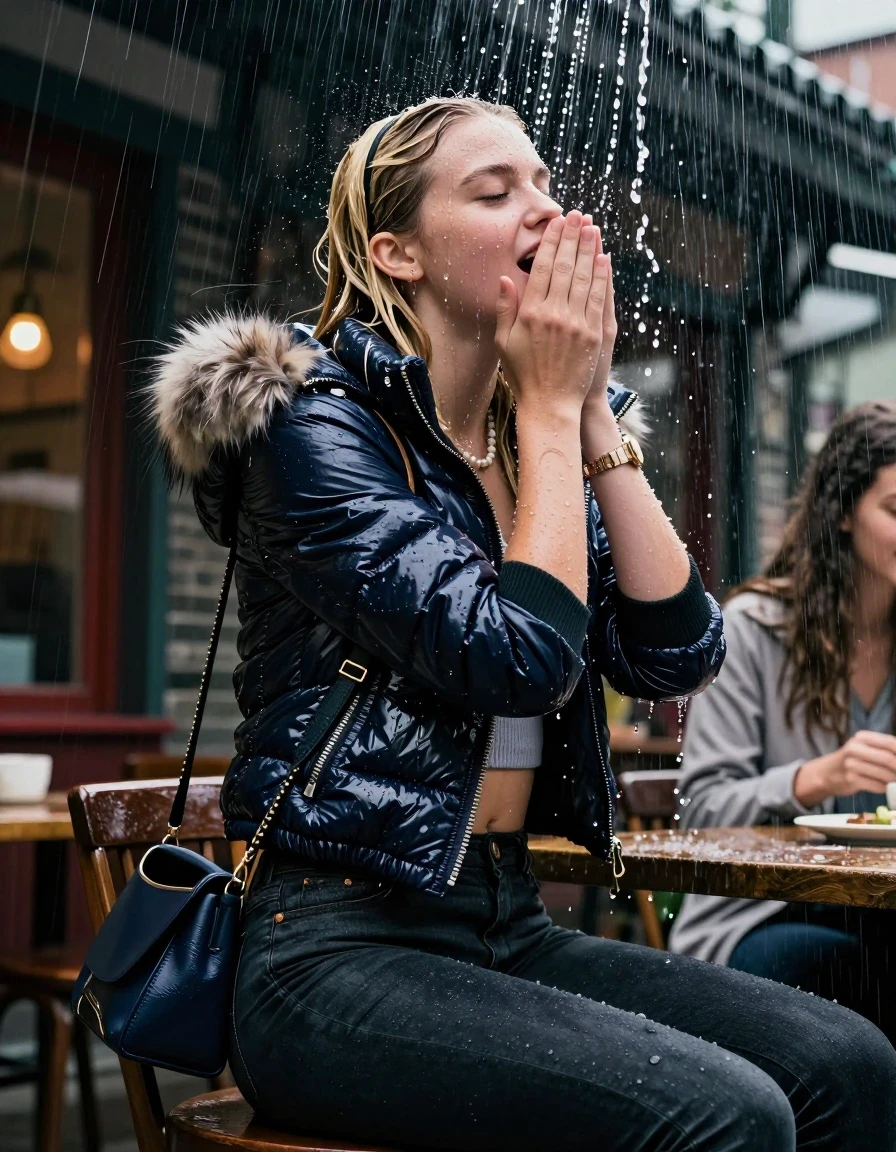 photo of young woman, in soaking wet, drenched clothes,
, Dark skinny jeans, Moncler shiny puffer down jacket with fur, Open jacket, tight v-neck sweater belly free, shoulderbag, pearl necklace, bracelet, wristwatch, stream of rainwater, 
enjoying, wet clothes stuck to body,
detailed textures of the wet clothes, wet face, wet plastered hair,
wet, drenched, professional, high-quality details, full body view.
sharp focus, ultra-high pixel detail, realistic, high-quality, full colors, incredibly detailed, 4k, 8k, 16k, hyper-realistic, RAW photo, masterpiece, ultra-detailed, professionally color graded, professional photograph, A realistic vertical fashion photograph taken from a backward, behind-the-back angle of a 15-year-old teenage girl and her friend sitting in an Outdoor  Chinese Restaurant under a heavy, concentrated stream of rainwater pouring off the edge of a building roof. She is tilting her head back, letting the water drench her hair so it is glued flat against her head and body. She has blonde Sleek  straight long hair with hairband, completely saturated and dripping wet hair, with water cascading down her face and neck, creating an astonished expression. She hold her hands over her mouth and nose. The lighting is bright and cinematic, highlighting the glistening water droplets on her skin and the saturated texture of her  casual clothes.  Closed eyes. 
her clothing is soaking wet and clinging tightly to her skin, showing heavy wet folds, darkened fabric texture, and deep water-saturated Patches, her clothes are heavy from the water, water runs from her body and her clothes in streams. A lot of water also runs out of her clothes. Her clothes are darkened by the water. 
hyper-realistic wetness, high-contrast water sheen, sharp focus, 16k resolution, professional photography, realistic water physics., wet skin, wet clothes, damp fabric, wet skin, wet clothes, damp fabric, wet skin, wet clothes, damp fabric, wet skin, wet clothes, damp fabric, wet skin, wet clothes, damp fabric