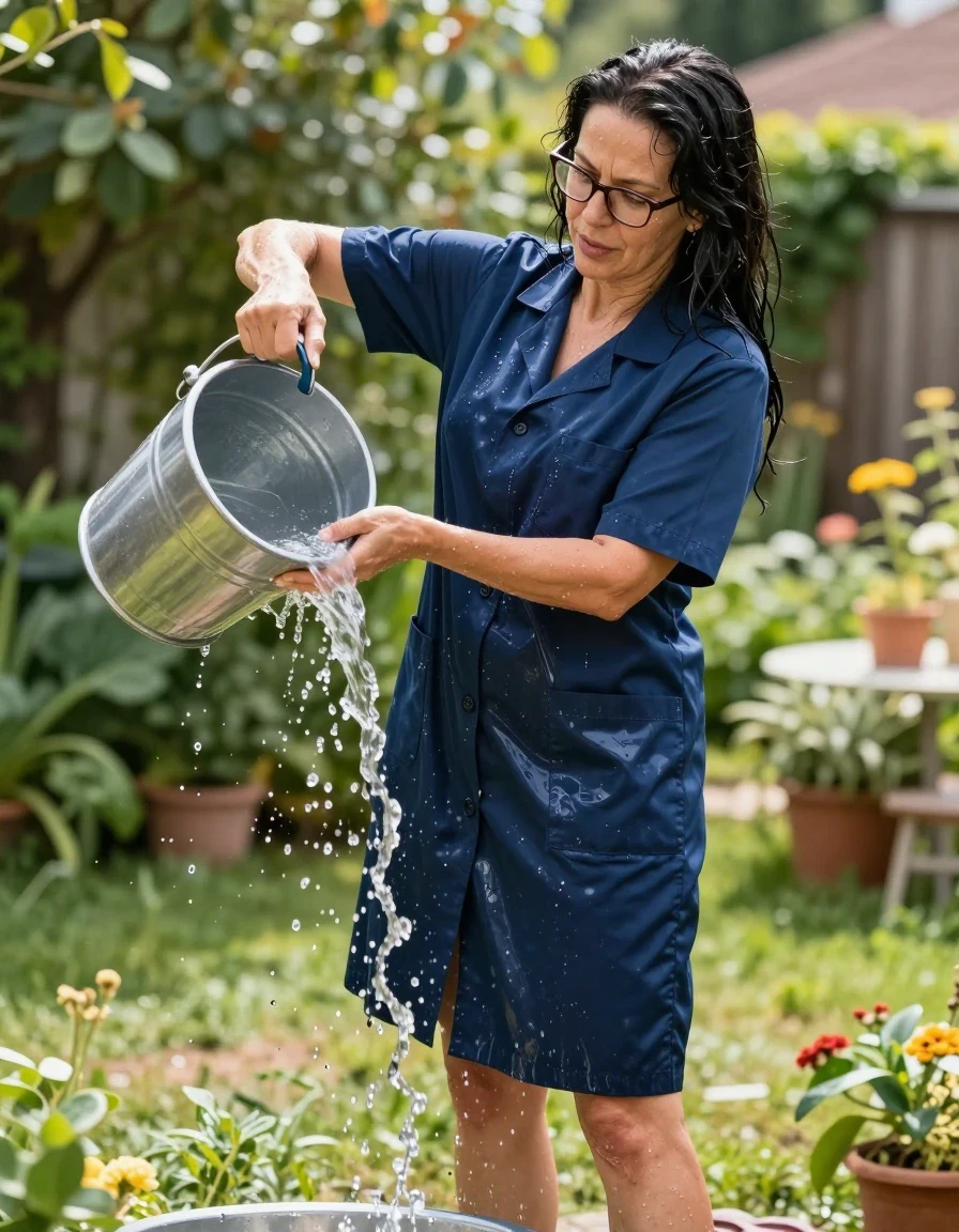 photo of young woman, in soaking wet, drenched clothes,
slippers, shiny dark blue labcoat, shiny dark blue labcoat, pouring water with a bucket on labcoat in sunny garden, enjoying wet clothes stuck body, enjoying, wet clothes stuck to body, 
enjoying, wet clothes stuck to body,
detailed textures of the wet clothes, wet face, wet plastered hair,
wet, drenched, professional, high-quality details, full body view.
sharp focus, ultra-high pixel detail, realistic, high-quality, full colors, incredibly detailed, 4k, 8k, 16k, hyper-realistic, RAW photo, masterpiece, ultra-detailed, professionally color graded, professional photograph, europen brunette skinny woman 50 years old, long dark black hair, office glasses, very big and thick lips, complete body, wet skin, wet clothes, damp fabric, wet skin, wet clothes, damp fabric, wet skin, wet clothes, damp fabric, wet skin, wet clothes, damp fabric, wet skin, wet clothes, damp fabric, wet skin, wet clothes, damp fabric, wet skin, wet clothes, damp fabric