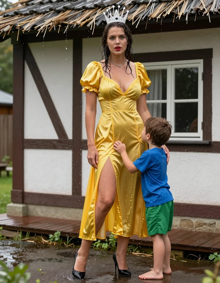 photo of young woman, in soaking wet, drenched clothes,
Schwarze Pumps, Gelbes langes Schneewittchen Kleid aus Satin, Kleines Fachwerkhaus mit einem Strohgedeckten Dach und Sprossenfenster, 
enjoying, wet clothes stuck to body,
detailed textures of the wet clothes, wet face, wet plastered hair,
wet, drenched, professional, high-quality details, full body view.
sharp focus, ultra-high pixel detail, realistic, high-quality, full colors, incredibly detailed, 4k, 8k, 16k, hyper-realistic, RAW photo, masterpiece, ultra-detailed, professionally color graded, professional photograph, Fotorealistische Rückansicht als Ganzkörperaufnahme eines jungen Mädchens, sie vor einem kleinen Fachwerkhaus mit Sprossenfenster und einem strohgedeckten Dach, das Mädchen hat schwarze lange Haare und einen rot geschminkten Mund, sie hat schöne blaue Augen, sie hat mittelgroße flache Brüste, auf dem Kopf trägt sie eine silberne kleine Krone, um den Hals trägt sie eine silberne Halskette, sie trägt ein langes gelbes Schneewittchen Kleid aus Chiffon mit Puffärmeln, es regnet stark und ihr Kleid ist völlig durchnässt, ihre Brüste sind durch den dünnen und transparenten Stoff ihres Kleides gut sichtbar, ihr Rock klebt ihr an den Beinen, Wasser läuft aus ihrem Rock, vor ihr steht ein sehr kleiner Junger mit mit hellblauen Shirt und einer kurzen grünen Shorts, sie drückt ihn fest an ihr Kleid und umarmt ihn liebevoll, der sehr kleine Junge legt beide Arme um Ihren Rock., wet skin, wet clothes, damp fabric