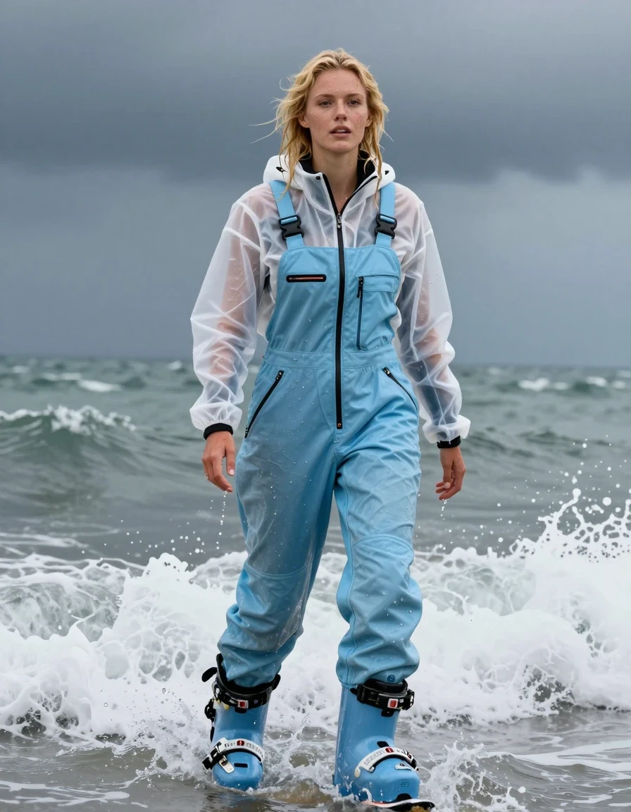 photo of young woman, in soaking wet, drenched clothes,
Ski boots, Pale blue salopettes, Transparent White ski jacket , Standing in the surf, 
enjoying, wet clothes stuck to body,
detailed textures of the wet clothes, wet face, wet plastered hair,
wet, drenched, professional, high-quality details, full body view.
sharp focus, ultra-high pixel detail, realistic, high-quality, full colors, incredibly detailed, 4k, 8k, 16k, hyper-realistic, RAW photo, masterpiece, ultra-detailed, professionally color graded, professional photograph, Blonde, in thunder storm, wet skin, wet clothes, damp fabric