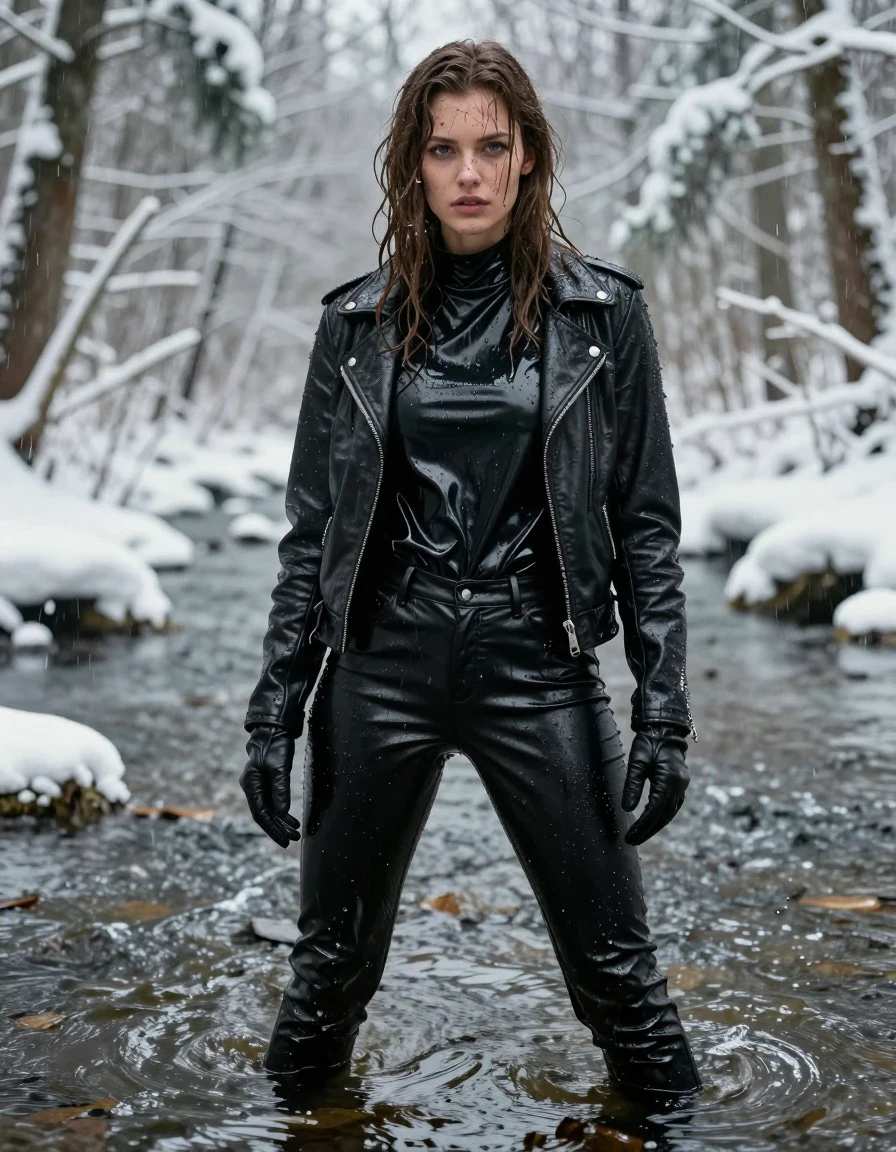 A photorealistic, full-body portrait of a young adult European woman with long dripping wet brown hair, standing and relaxing in a shallow river within a dense snow-covered forest. She is completely drenched from heavy rain, with mud splattered across her face, skin, and clothing. She is wearing an oversized black vinyl polar neck shirt that clings to her frame, layered under a rugged black biker leather jacket, paired with tight black vinyl pants that have a high-gloss wet sheen, and black leather knee-high boots. She wears black leather gloves on both hands. The wet skin and drenched clothes feature heavy water saturation, deep folds, and a constant water sheen. The environment is cold and wintery, with snow-laden trees and a dark, moody river. Cinematic lighting highlights the glistening wet textures and mud streaks on her skin. High-detail photography, 8k, sharp focus on water droplets and fabric textures, realistic wetness, no nudity, clean anatomy, professional composition.