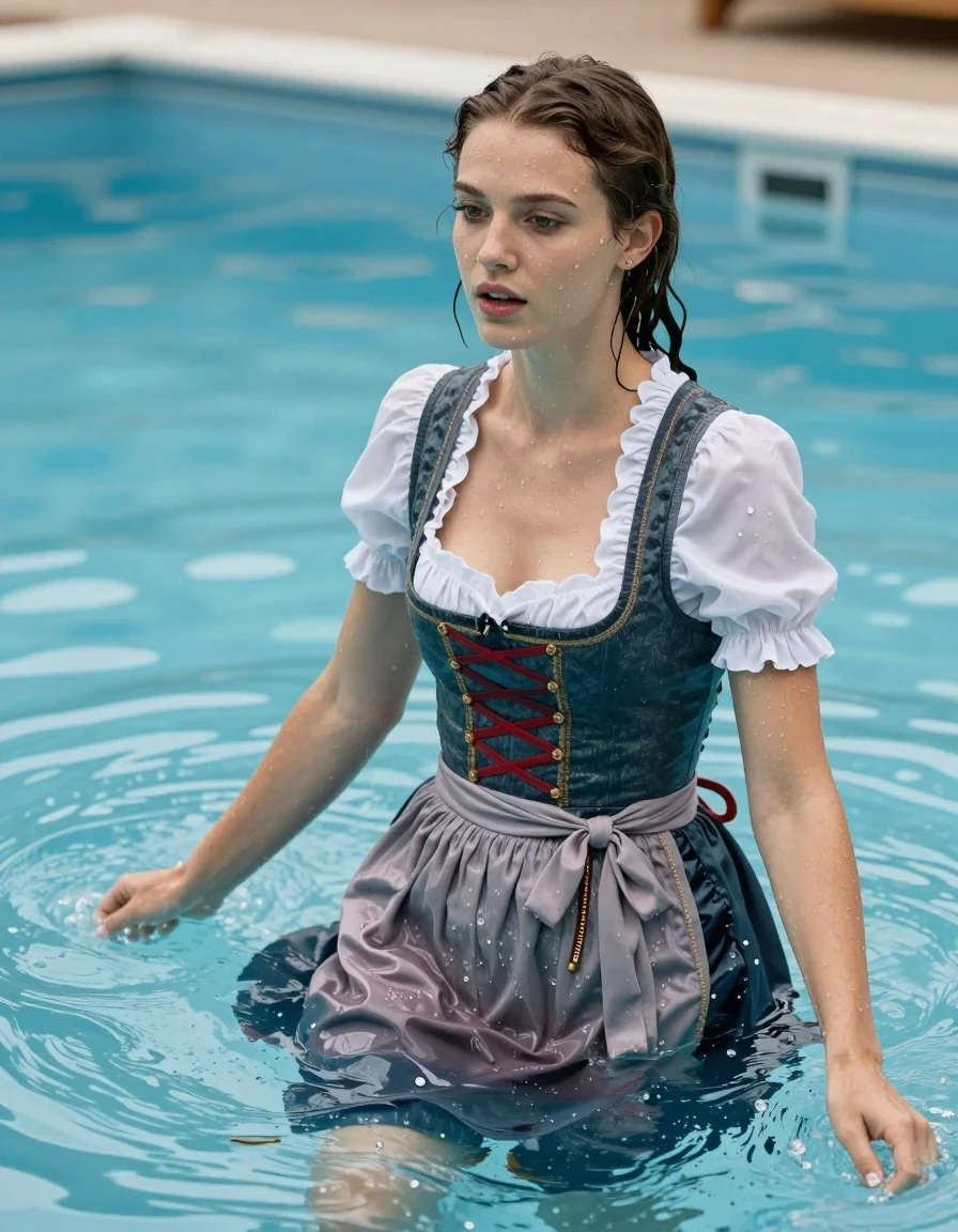 photo of young woman, in soaking wet, drenched clothes,
heels, long skirt, dirndl, pool, 
enjoying, wet clothes stuck to body,
detailed textures of the wet clothes, wet face, wet plastered hair,
wet, drenched, professional, high-quality details, full body view.
sharp focus, ultra-high pixel detail, realistic, high-quality, full colors, incredibly detailed, 4k, 8k, 16k, hyper-realistic, RAW photo, masterpiece, ultra-detailed, professionally color graded, professional photograph, swimming in a pool, wet skin, wet clothes, damp fabric