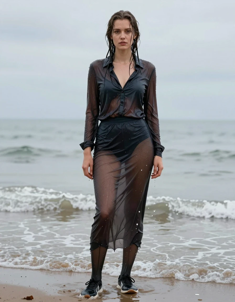 A photorealistic full-body shot of a young Jewish woman standing on a beach, completely drenched from head to toe. She is wearing a modest, long, dark-colored skirt, sheer pantyhose that cling to her legs due to the water, a classic blouse that is heavy and saturated with seawater, and a pair of sneakers. Every piece of clothing is heavily soaked, showing deep, uneven color saturation, clinging to her body, and heavy, water-logged folds. Her skin has a realistic wet sheen and water droplets, and her hair is matted and dripping. The beach setting features wet sand reflecting the overcast sky, with the tide washing over her feet. Cinematic lighting, high-resolution textures, hyper-realistic water absorption, visible fabric weave, and intricate details on wet skin and clothing.