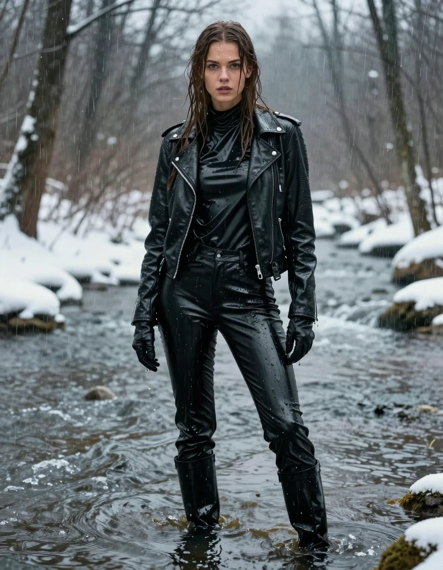 A photorealistic full-body portrait of a young adult European woman with long, dripping wet brown hair, standing in a river within a snow-covered forest during heavy rain. Her skin is glistening with water, and she is drenched in mud. She is wearing an oversize black vinyl polar neck shirt, black vinyl pants, and a black biker leather jacket, all heavily soaked, clinging to her body, and reflecting the ambient light with a high-gloss wet sheen. She wears black leather knee-high boots and matching leather gloves on both hands. The heavy rain creates visible ripples in the river and splashes against her layered wet clothing. The scene is captured in high-detail 8k resolution, focusing on the texture of the wet vinyl and leather, the weight of the water-saturated fabric, the mud splatters on her skin and clothes, and the cold, atmospheric lighting of the winter forest. No nudity, clean anatomy, focus on realistic wet texture, water sheen, and atmospheric environmental detail.
