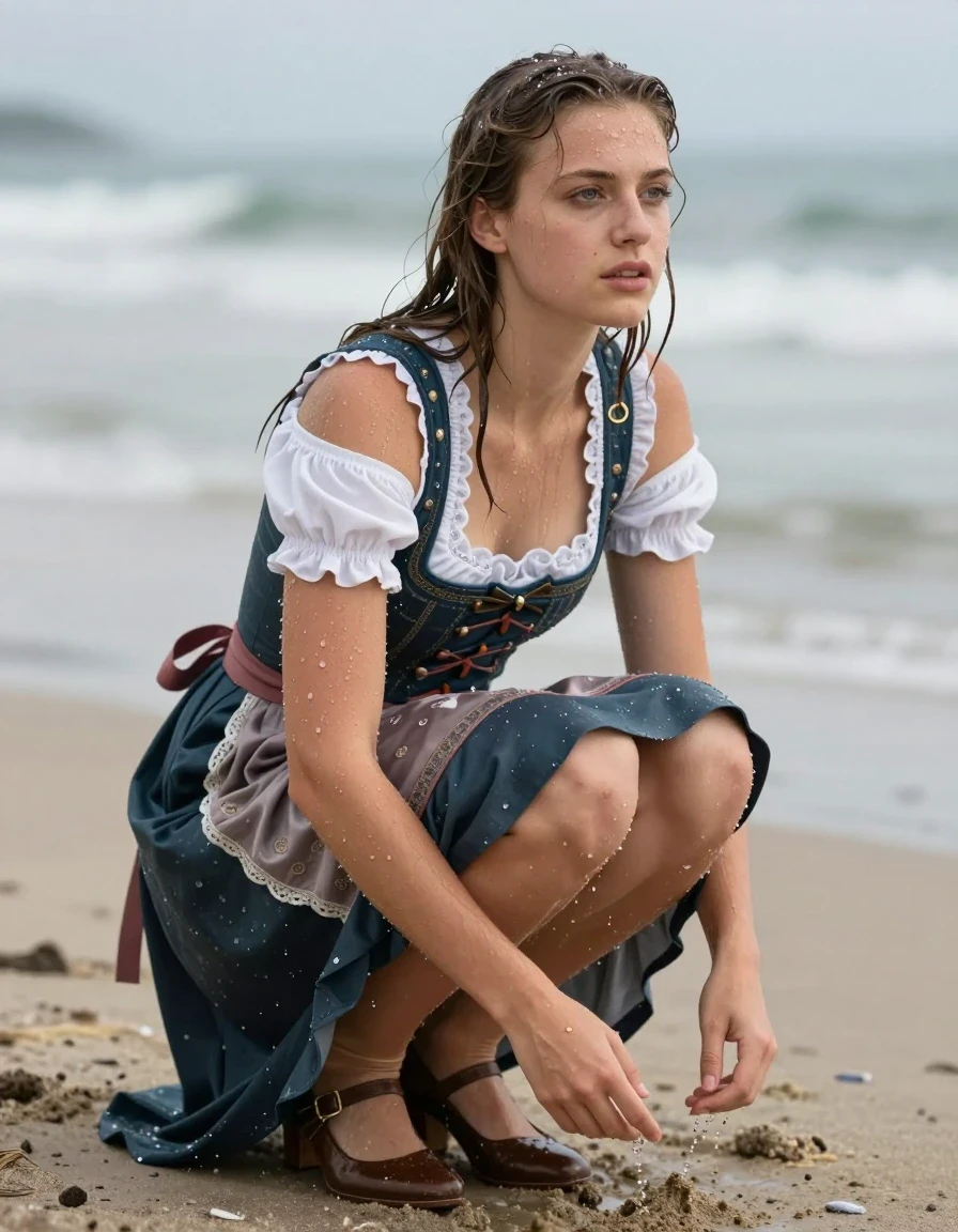 photo of young woman, in soaking wet, drenched clothes,
heels, long skirt, dirndl, beach, 
enjoying, wet clothes stuck to body,
detailed textures of the wet clothes, wet face, wet plastered hair,
wet, drenched, professional, high-quality details, full body view.
sharp focus, ultra-high pixel detail, realistic, high-quality, full colors, incredibly detailed, 4k, 8k, 16k, hyper-realistic, RAW photo, masterpiece, ultra-detailed, professionally color graded, professional photograph, wet skin, wet clothes, damp fabric