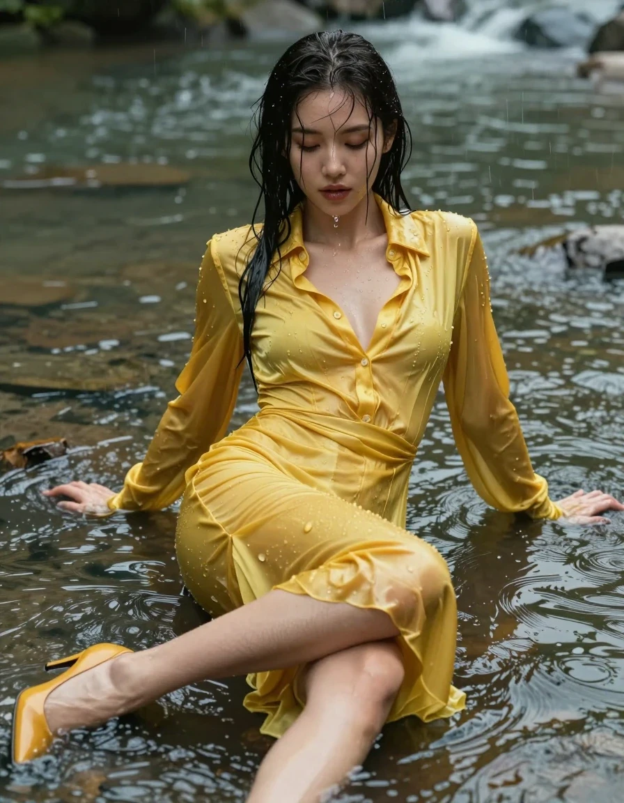 photo of young woman, in soaking wet, drenched clothes,
pumps, yellow tight long dress, silk, shiny dark yellow shirtdress , long blouse, river, rain, 
enjoying, wet clothes stuck to body,
detailed textures of the wet clothes, wet face, wet plastered hair,
wet, drenched, professional, high-quality details, full body view.
sharp focus, ultra-high pixel detail, realistic, high-quality, full colors, incredibly detailed, 4k, 8k, 16k, hyper-realistic, RAW photo, masterpiece, ultra-detailed, professionally color graded, professional photograph, collar, long sleeves, long blouse, unbuttoned, 
wet hair, long hair, drenched, dripping wet, complete submerged, full body, lying, wet skin, wet clothes, damp fabric