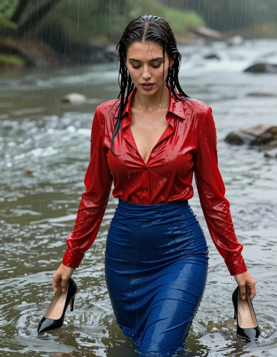 photo of young woman, in soaking wet, drenched clothes,
pumps, blue tight long dress, jeans, shiny light red blouse , long blouse, river, rain, 
enjoying, wet clothes stuck to body,
detailed textures of the wet clothes, wet face, wet plastered hair,
wet, drenched, professional, high-quality details, full body view.
sharp focus, ultra-high pixel detail, realistic, high-quality, full colors, incredibly detailed, 4k, 8k, 16k, hyper-realistic, RAW photo, masterpiece, ultra-detailed, professionally color graded, professional photograph, collar, long sleeves, long blouse, unbuttoned, 
wet hair, long hair, drenched, dripping wet, complete submerged, full body, wet skin, wet clothes, damp fabric