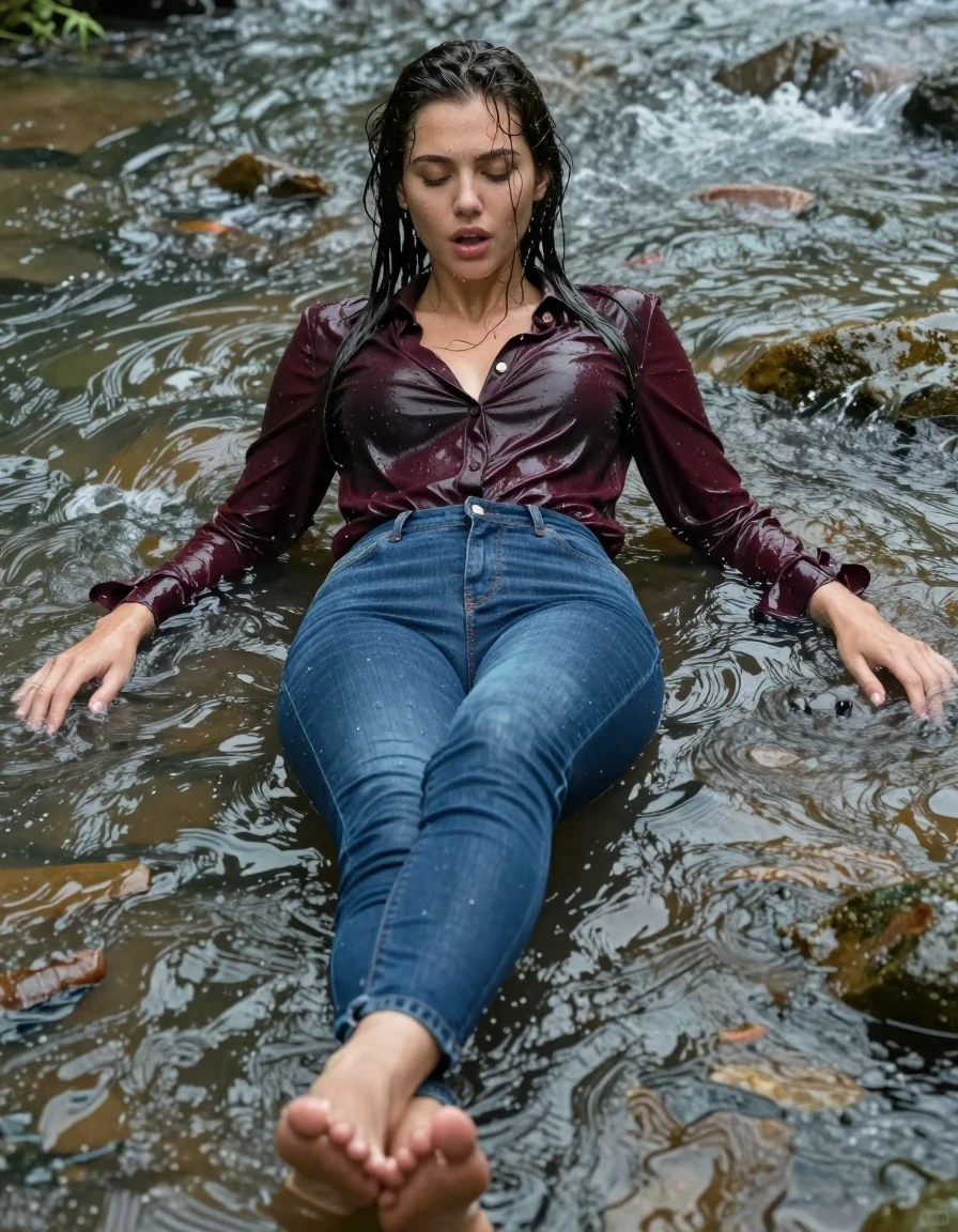 photo of young woman, in soaking wet, drenched clothes,
pumps, blue tight long dress, jeans, shiny dark red shirt dress , long blouse, river, rain, 
enjoying, wet clothes stuck to body,
detailed textures of the wet clothes, wet face, wet plastered hair,
wet, drenched, professional, high-quality details, full body view.
sharp focus, ultra-high pixel detail, realistic, high-quality, full colors, incredibly detailed, 4k, 8k, 16k, hyper-realistic, RAW photo, masterpiece, ultra-detailed, professionally color graded, professional photograph, collar, long sleeves, long blouse, unbuttoned, 
wet hair, long hair, drenched, dripping wet, complete submerged, full body, lying, wet skin, wet clothes, damp fabric