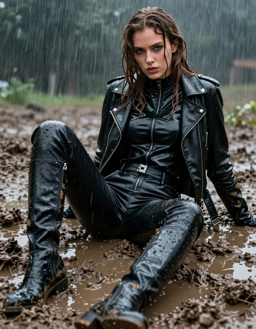 A young adult European woman with long, dripping wet brown hair, captured in a photorealistic scene. She is wearing an oversize black vinyl polar neck shirt, a black biker's leather jacket, black vinyl pants, black leather knee-high boots, and leather gloves on both hands. The clothing is heavily drenched, exhibiting a high-gloss wet sheen, clinging to her form, and showing deep, saturated tones from the saturation of water. Her skin is glistening with rain and mud. She is relaxing in a mud pit during a heavy rainstorm, her body and clothes partially covered in thick, textured mud. The atmosphere is dark and moody, emphasizing the wetness through specular reflections and heavy water droplets. The composition is a medium shot focusing on the texture of the wet vinyl, leather, and mud-caked fabric. The lighting is cold and diffused by the storm, highlighting the realistic weight and folds of the damp materials. No nudity, clean anatomy, fully clothed, non-explicit.