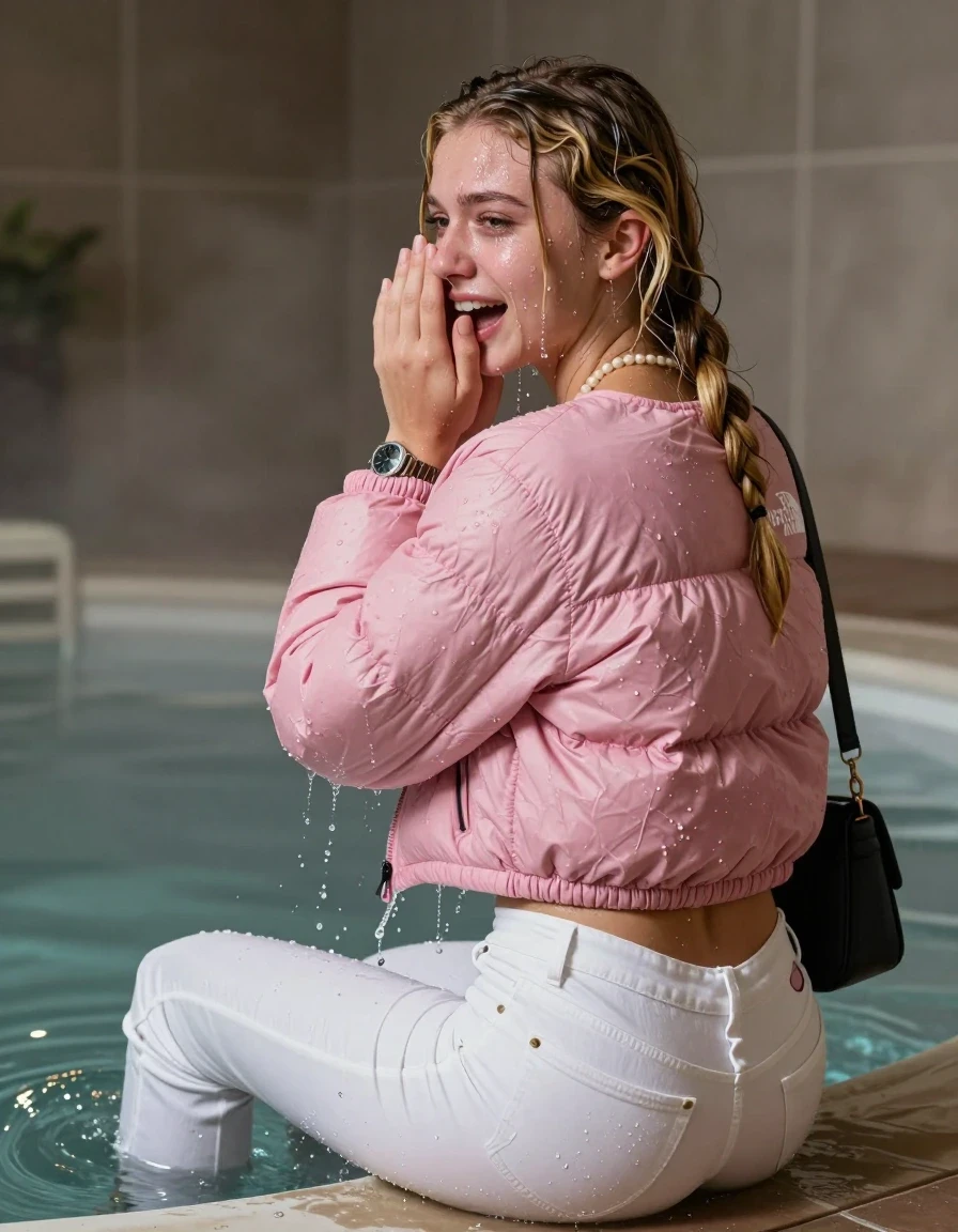 photo of young woman, in soaking wet, drenched clothes,
, White levis skinny jeans, Pink North face puffer down jacket, Open jacket, tight v-neck sweater belly free, shoulderbag, pearl necklace, bracelet, wristwatch, Steaming indoor jacuzzi , 
enjoying, wet clothes stuck to body,
detailed textures of the wet clothes, wet face, wet plastered hair,
wet, drenched, professional, high-quality details, full body view.
sharp focus, ultra-high pixel detail, realistic, high-quality, full colors, incredibly detailed, 4k, 8k, 16k, hyper-realistic, RAW photo, masterpiece, ultra-detailed, professionally color graded, professional photograph, A realistic vertical fashion photograph taken from a backward, behind-the-back angle of a 15-year-old teenage girl sitting in a steaming indoor jacuzzi, facing away from the camera to show her back. She holds her hands over mouth and nose. She is tilting her head at camera, letting the water drench her hair so it is glued flat against her head and body. She has blonde pigtails, completely saturated and dripping wet hair, with water cascading down her face and neck, crying and astonished expression. The lighting is bright and cinematic, highlighting the glistening water droplets on her skin and the saturated texture of her  casual clothes.  Open mouth, half closed eyes. 
her clothing is soaking wet and clinging tightly to her skin, showing heavy wet folds, darkened fabric texture, and deep water-saturated Patches, her clothes are heavy from the water, water runs from her body and her clothes in streams. A lot of water also runs out of her clothes. Her clothes are darkened by the water. 
hyper-realistic wetness, high-contrast water sheen, sharp focus, 16k resolution, professional photography, realistic water physics., wet skin, wet clothes, damp fabric, wet skin, wet clothes, damp fabric, wet skin, wet clothes, damp fabric, wet skin, wet clothes, damp fabric, wet skin, wet clothes, damp fabric, wet skin, wet clothes, damp fabric, wet skin, wet clothes, damp fabric, wet skin, wet clothes, damp fabric, wet skin, wet clothes, damp fabric, wet skin, wet clothes, damp fabric, wet skin, wet clothes, damp fabric