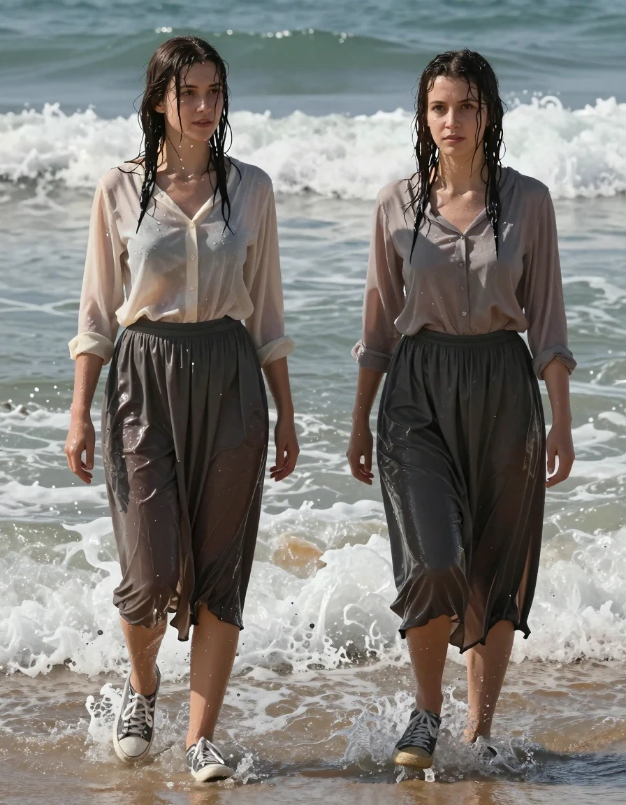 A photorealistic wide shot of two young Jewish women standing knee-deep in the churning surf at a sandy beach. Both women are dressed in modest attire consisting of elegant blouses tucked into long, modest skirts, with sheer pantyhose visible underneath the fabric and practical sneakers on their feet. The scene captures them caught in a crashing wave, with the women drenched by sea spray; their hair is matted and clinging to their faces, and their skin has a glistening, dripping wet sheen. The long skirts and blouses are soaking-wet, with the fabric darkened, heavy, and clinging tightly to their bodies, highlighting folds, wrinkles, and the saturated texture of the material. Water droplets bead and run down their clothing, and the hems of their skirts are heavy with seawater. The lighting is natural daylight with bright sunlight reflecting off the wet surfaces and the surrounding ocean. High-resolution, cinematic photography, sharp focus on the textures of the wet fabric and skin, realistic water physics, atmospheric beach environment.