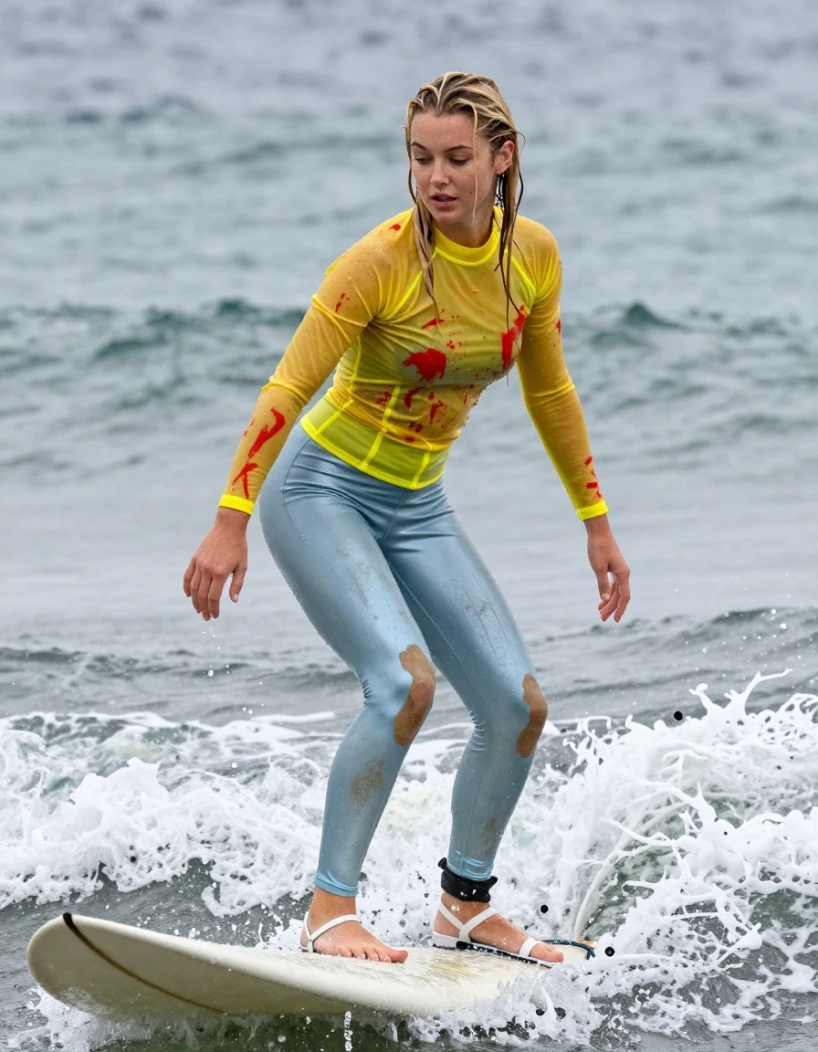photo of young woman, in soaking wet, drenched clothes,
Strappy white heels, Dirty pale blue satin leggings covered in paint , See-through yellow suit jacket covered in red paint , Surf, 
enjoying, wet clothes stuck to body,
detailed textures of the wet clothes, wet face, wet plastered hair,
wet, drenched, professional, high-quality details, full body view.
sharp focus, ultra-high pixel detail, realistic, high-quality, full colors, incredibly detailed, 4k, 8k, 16k, hyper-realistic, RAW photo, masterpiece, ultra-detailed, professionally color graded, professional photograph, Blonde, in a downpour, wet skin, wet clothes, damp fabric