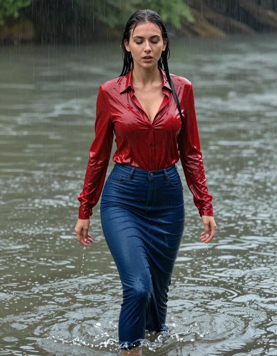 photo of young woman, in soaking wet, drenched clothes,
pumps, blue tight long dress, jeans, shiny light red blouse , long blouse, river, rain, 
enjoying, wet clothes stuck to body,
detailed textures of the wet clothes, wet face, wet plastered hair,
wet, drenched, professional, high-quality details, full body view.
sharp focus, ultra-high pixel detail, realistic, high-quality, full colors, incredibly detailed, 4k, 8k, 16k, hyper-realistic, RAW photo, masterpiece, ultra-detailed, professionally color graded, professional photograph, collar, long sleeves, long blouse, unbuttoned, 
wet hair, long hair, drenched, dripping wet, complete submerged, full body, wet skin, wet clothes, damp fabric