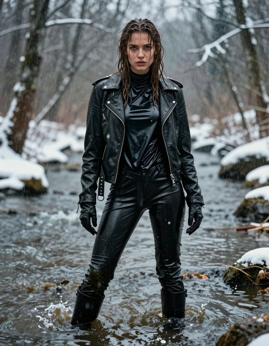 A hyper-realistic full-body portrait of a young adult European woman with long, dripping wet brown hair, standing in a shallow river within a dense, snow-covered forest during a heavy rainstorm. Her skin is glistening and drenched, covered in splatters of dark river mud. She is wearing an oversized black vinyl polar neck shirt that clings to her frame, layered under a rugged black biker leather jacket, with black leather gloves on both hands. Her legs are clad in tight black vinyl pants, and she wears black leather knee-high boots. The clothing is heavily soaked, with dark, saturated tones, clinging fabric textures, and intense glossy specular highlights from the rain and river water. The environment is cold and atmospheric, with snowflakes swirling in the air and muddy water splashing around her. High-contrast cinematic lighting, 8k resolution, sharp focus on wet textures, realistic skin pores, and water-slicked surfaces, strictly avoiding nudity and maintaining a focus on the wet, textured attire.