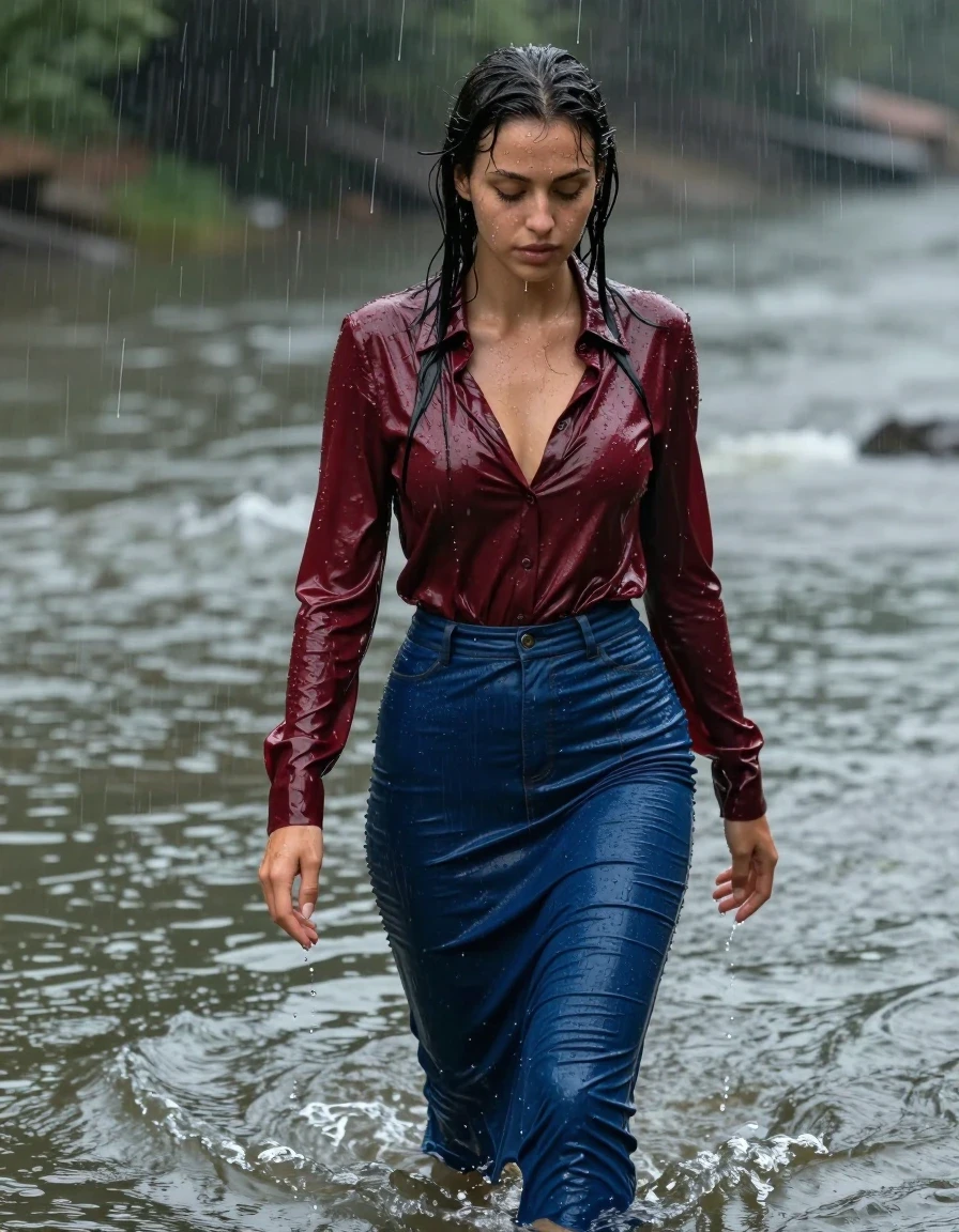 photo of young woman, in soaking wet, drenched clothes,
pumps, blue tight long dress, jeans, shiny dark red blouse , long blouse, river, rain, 
enjoying, wet clothes stuck to body,
detailed textures of the wet clothes, wet face, wet plastered hair,
wet, drenched, professional, high-quality details, full body view.
sharp focus, ultra-high pixel detail, realistic, high-quality, full colors, incredibly detailed, 4k, 8k, 16k, hyper-realistic, RAW photo, masterpiece, ultra-detailed, professionally color graded, professional photograph, collar, long sleeves, long blouse, unbuttoned, 
wet hair, long hair, drenched, dripping wet, complete submerged, full body, wet skin, wet clothes, damp fabric