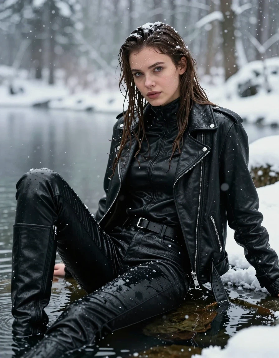 A photorealistic portrait of a young adult European woman with long, dripping wet brown hair, captured in a serene yet cold environment. She is relaxing while partially submerged in a dark, icy lake situated within a dense, snow-covered forest during a heavy snowfall. Her skin is visibly wet, glistening with water droplets and a natural sheen. She is dressed in an oversize black leather polar neck shirt, a heavy black biker's leather jacket, black leather pants, and black leather knee-high boots, with leather gloves on both hands. All leather garments are completely drenched, appearing heavy, dark, and saturated with water, featuring visible water streaks, clinging textures, and intense glossy specular reflections from the melting snow and lake water on the smooth surfaces. The fabric of the clothing is damp and heavy, showing realistic folds and water-logged weight. The surrounding scene is filled with falling heavy snow, creating a cold, atmospheric, and cinematic winter ambiance. High-detail photography, 8k resolution, sharp focus on facial features and water texture, professional lighting, fully clothed, no nudity.